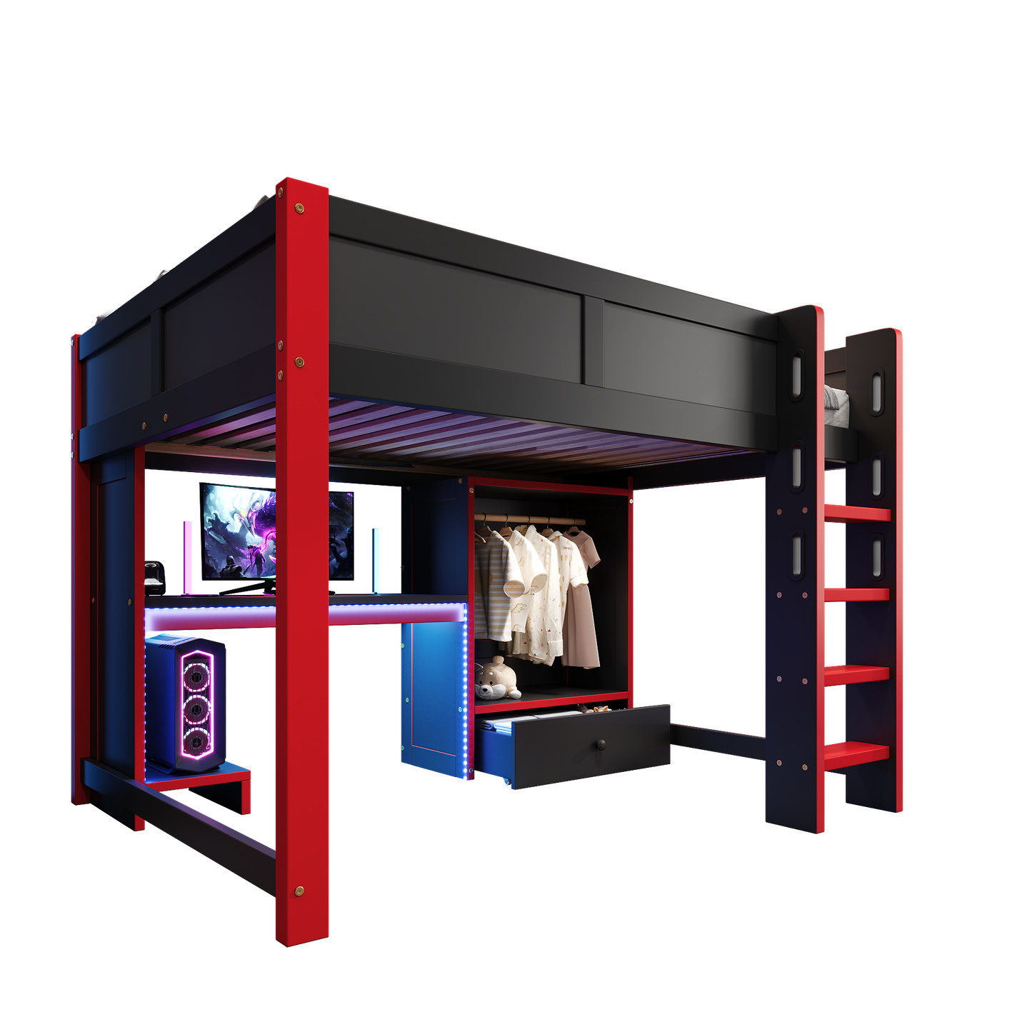 Loft Bed, 140x200 Cm, With LED Lighting, Gaming Bed With Desk, Desk, Ladder, Wardrobe, Large Drawers, Mattress Not Included, Black Red