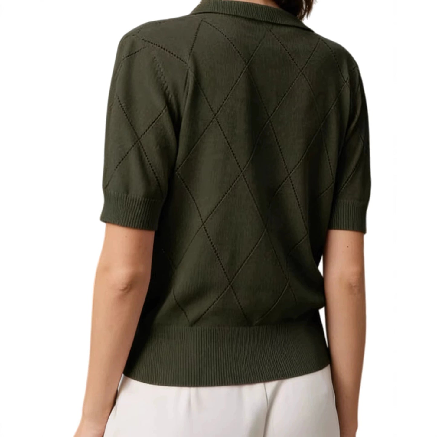 Women's Lightweight Summer Knitwear, Flared Collar Polo-Neck Short Sleeve Military Green Waist-Cinching Slim Fit Office-Ready Versatile Top