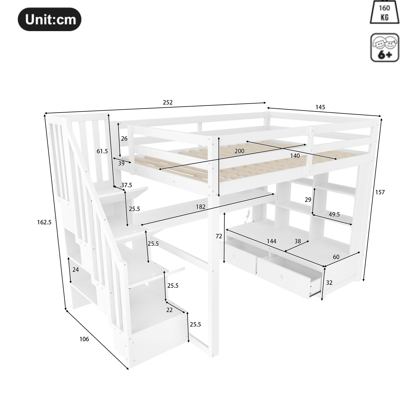 140x200 Loft Bed With Desk And Shelves, Two Integrated Drawers, Storage Staircase, White
