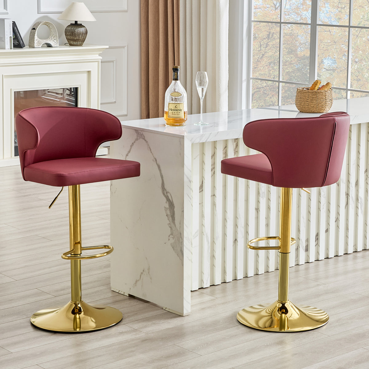 Modern Rotating Adjustable Bar Chair, PU Leather Belt Backrest Swivel Chair, Suitable For Kitchen Bar Counter And Dining Room, Adjustable Height, Capable Of Bearing 300 Pounds Red -2 Pieces