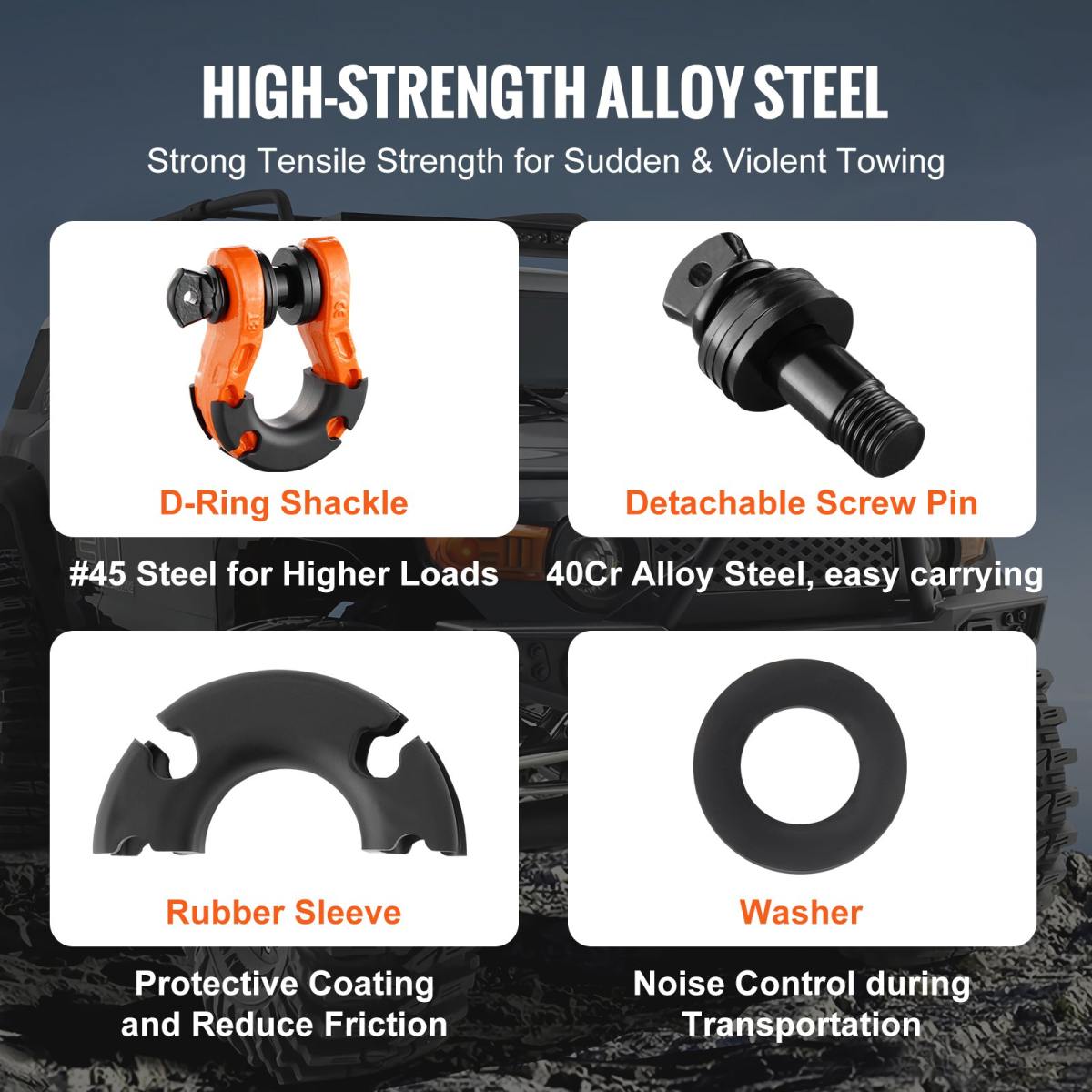 3/4' D-Ring Shackle, 2 Pack Alloy Steel Shackles 66139 Lbs (30 Ton) Break Strength With 7/8' Screw Pin, Isolators & Washers, Heavy Duty Off Road Vehicle Recovery Shackle For Jeep Truck, Orange