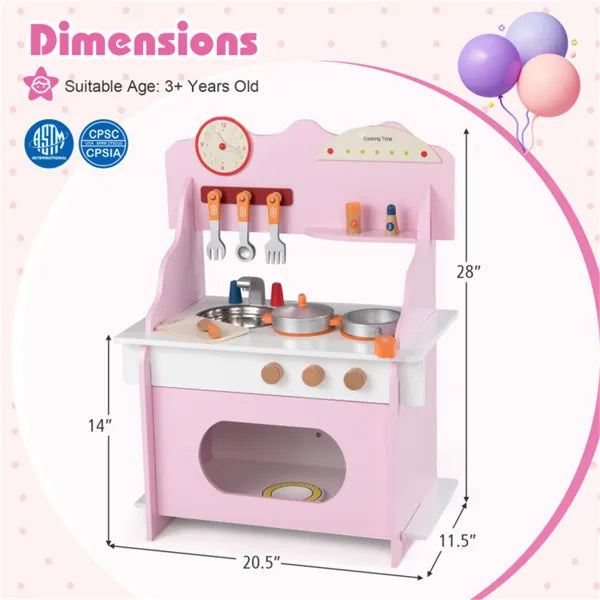 Pink Wooden Toddler Play Kitchen With Sink & Accessories, Safe Gift For Kids 3+