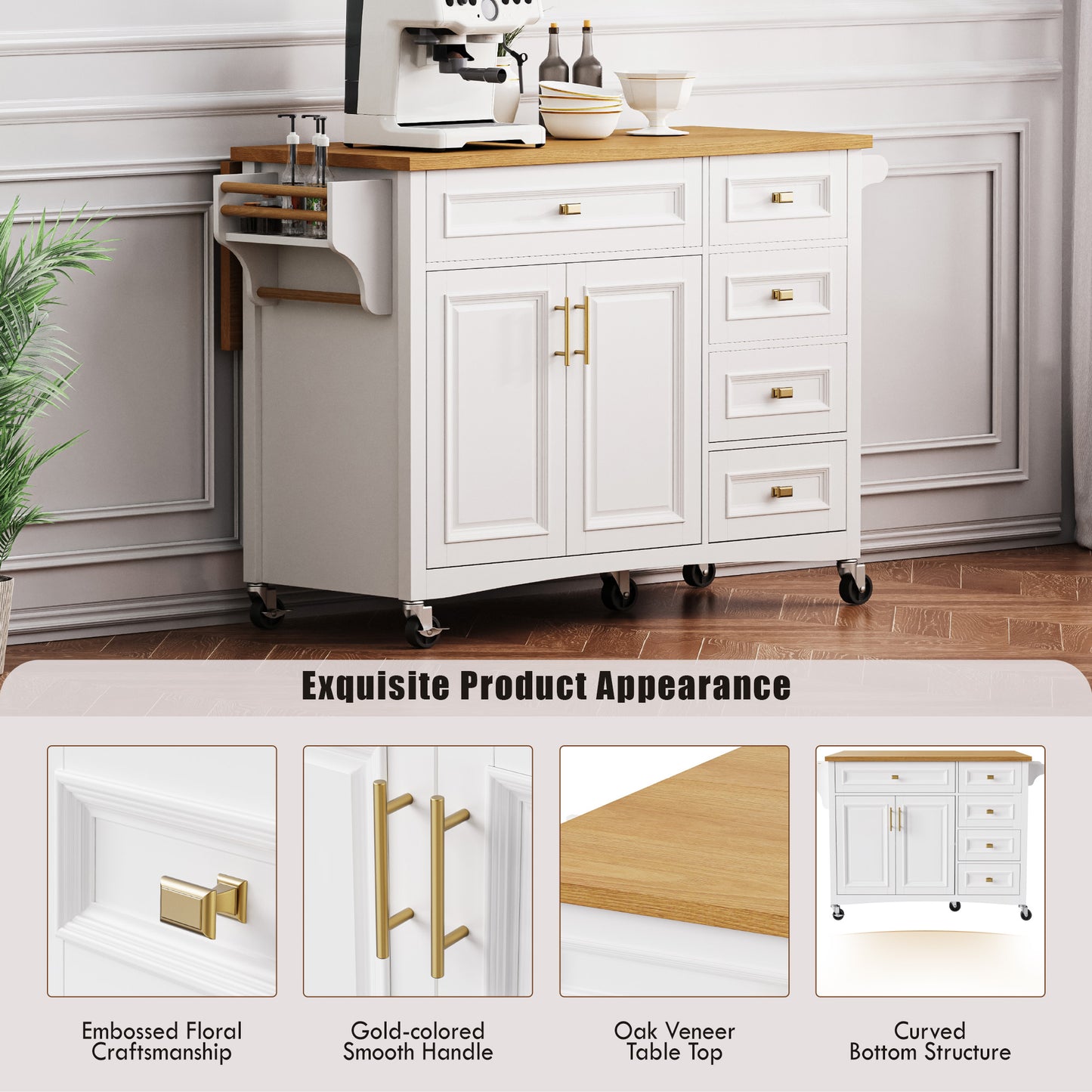 K&K 52 Kitchen Island With Drop Leaf, Embossed Texture Kitchen Island On Wheels With Spice Rack, Towel Rack, 2 Doors And 5 Drawers, Kitchen Storage Cart With Adjustable Shelf For Kitchen, White