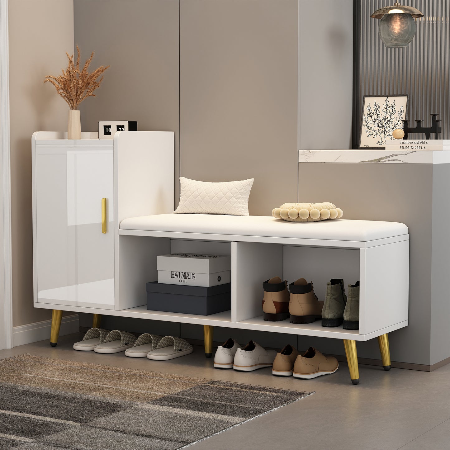 White High-gloss Cabinet Door With Storage Entrance Shoe Cabinet, Multi-level Shelf With Upholstered Seat, Shoe Changing Bench With Cabinet Gold Accessories For Entrance, Hallway, Living Room, Bedroom