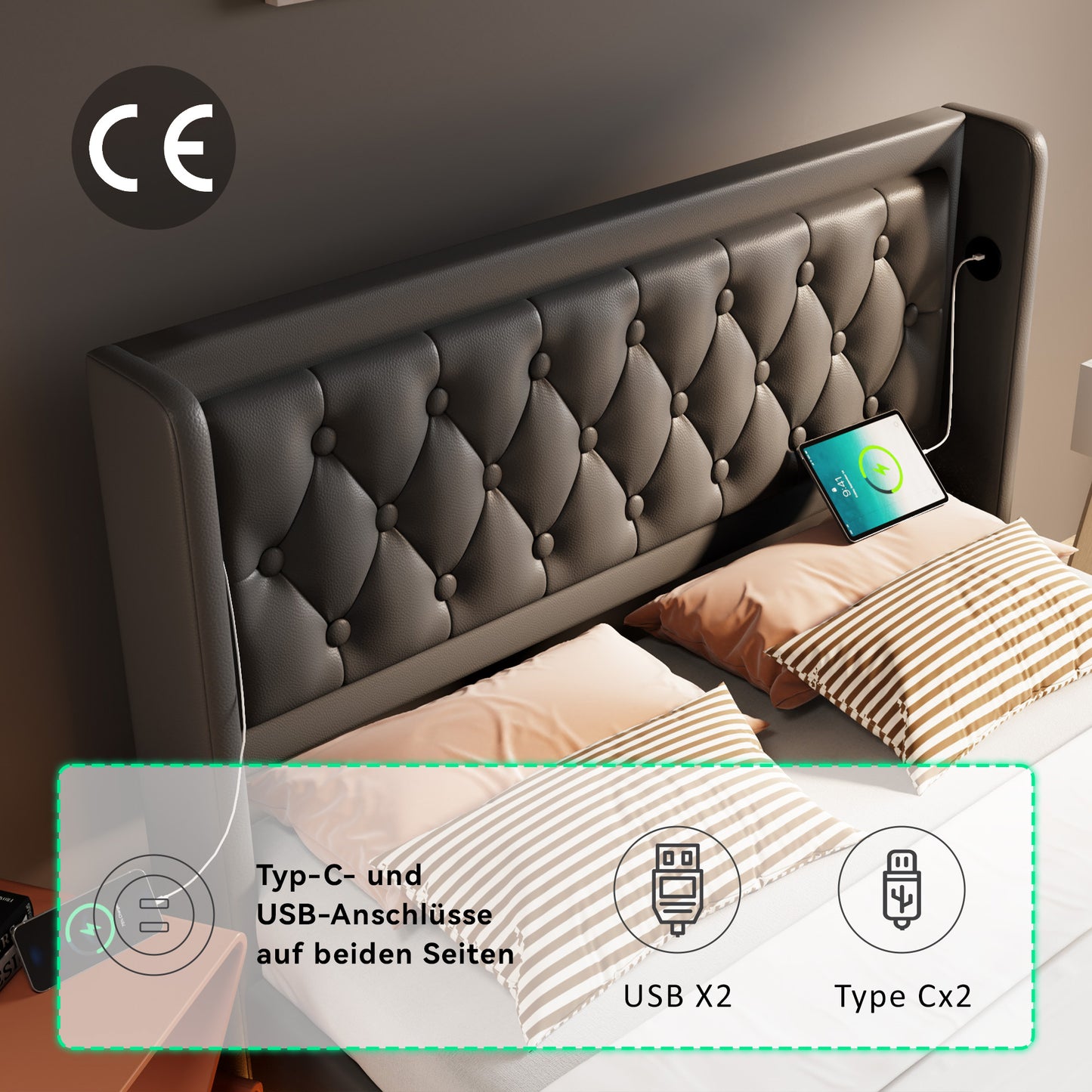 Upholstered Bed Double Bed 140x200 Cm,Black PU Material Hydraulic Storage Bed, Upholstered Headboard With USB Type-C Charging Function, 3-Sided LED Function Without Mattress