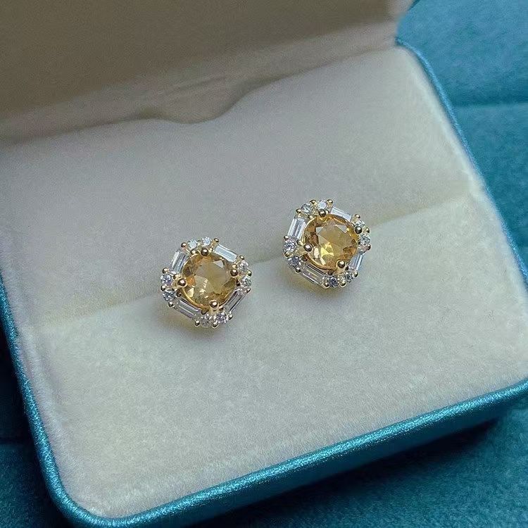 High Grade Inlaid Citrine Copper Silver Plated Stud Earrings, Fashion Light Luxury Premium Earrings For Wealth & Good Fortune