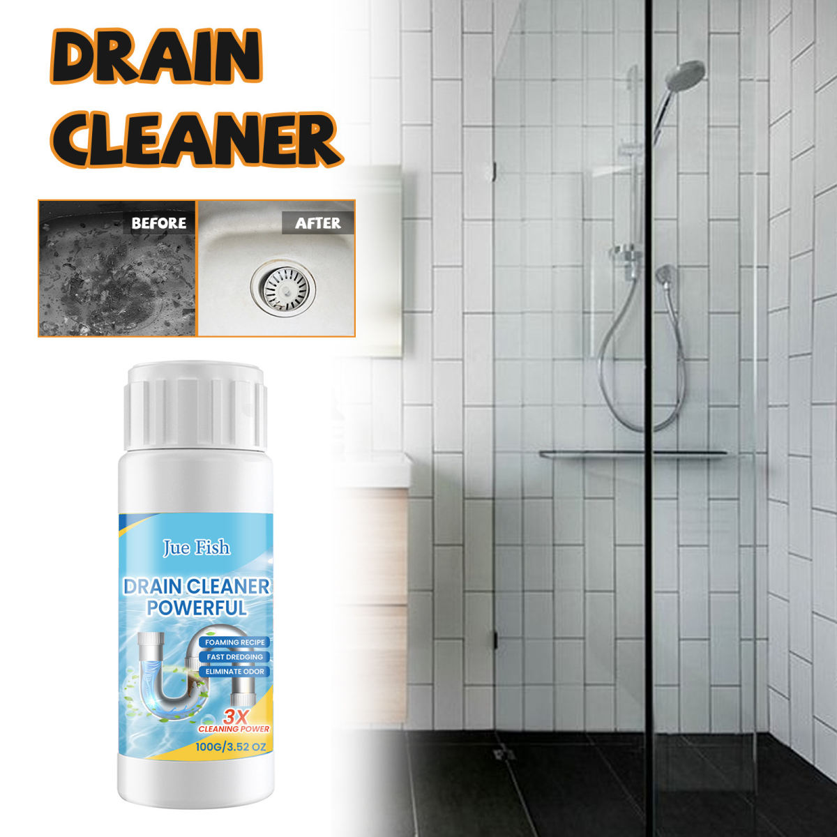 Jue-Fish Drain Cleaner Dissolves Grease In Drain Pipes, Unclogs Kitchen, Toilet, And Floor Drains, And Removes Odors.