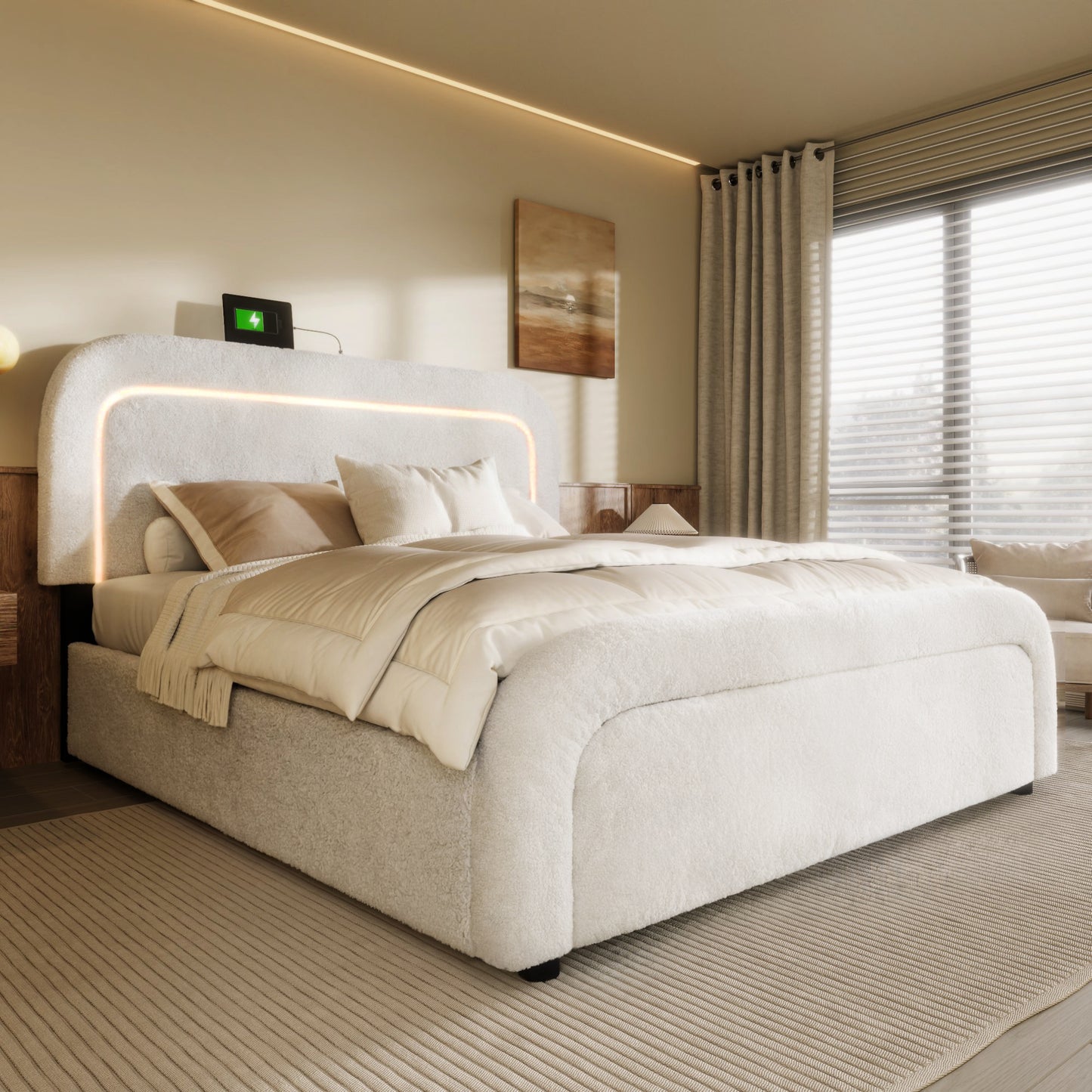 Bed Frame With USB Type-C Charging Function, LED Lighting, And 4 Drawers, Double Upholstered Bed 140x200cm, Height-adjustable Headboard, Wooden Slatted Frame, Sherpa White Without Mattress