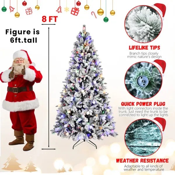 Artificial 8ft Flock Christmas Tree With 1793PE/PVC Mixed Branch Tips, 470L Warm White Lights, Hinged Premium & Foldable Base For Indoor Holiday Decorating