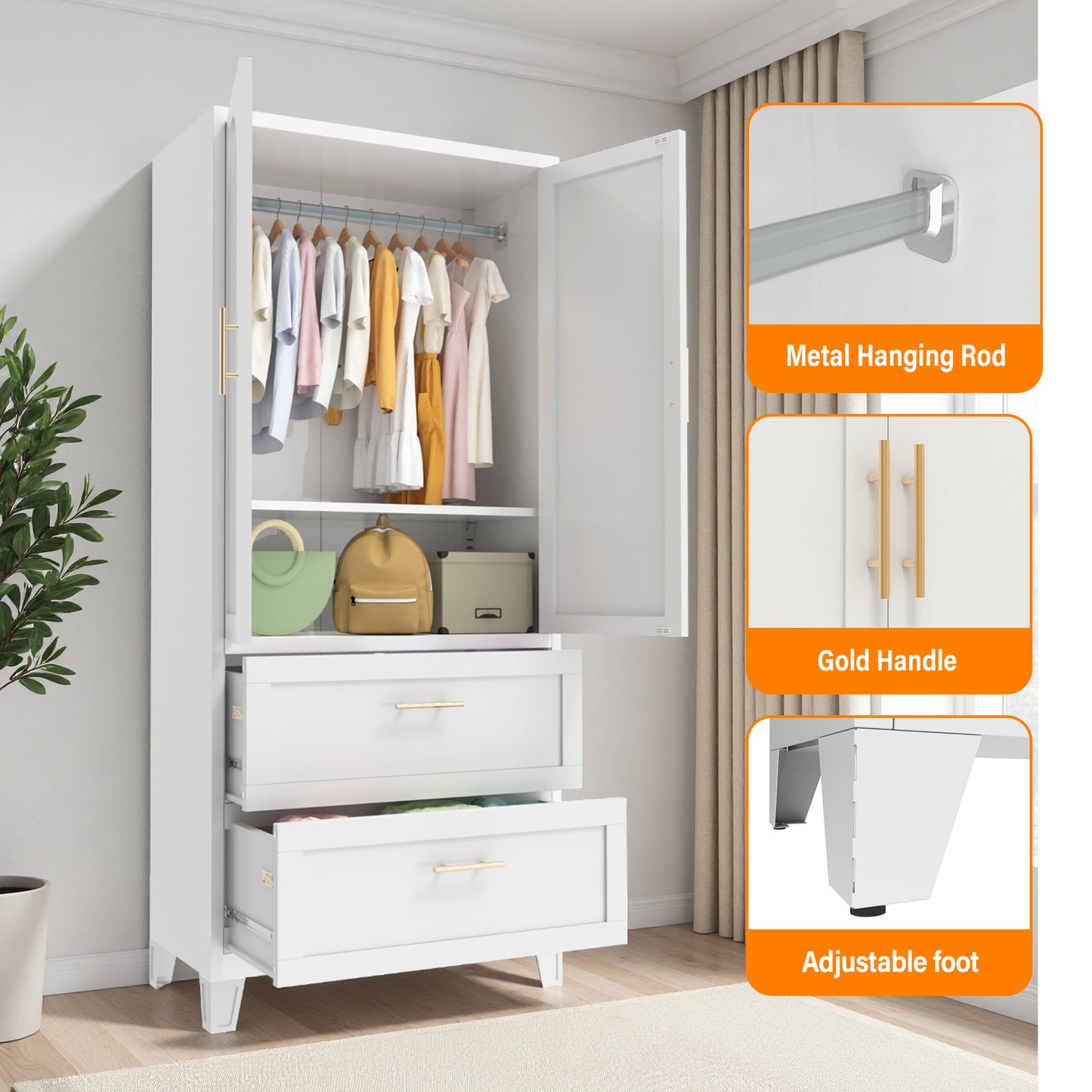 71 Tall Metal Wardrobe Cabinet With 2 Drawers And Hanging Rod, 2 Doors Wardrobe Closet With Shelf For Bedroom, Office, Laundry Room,Entryway ,Foyer,Guesthouse White