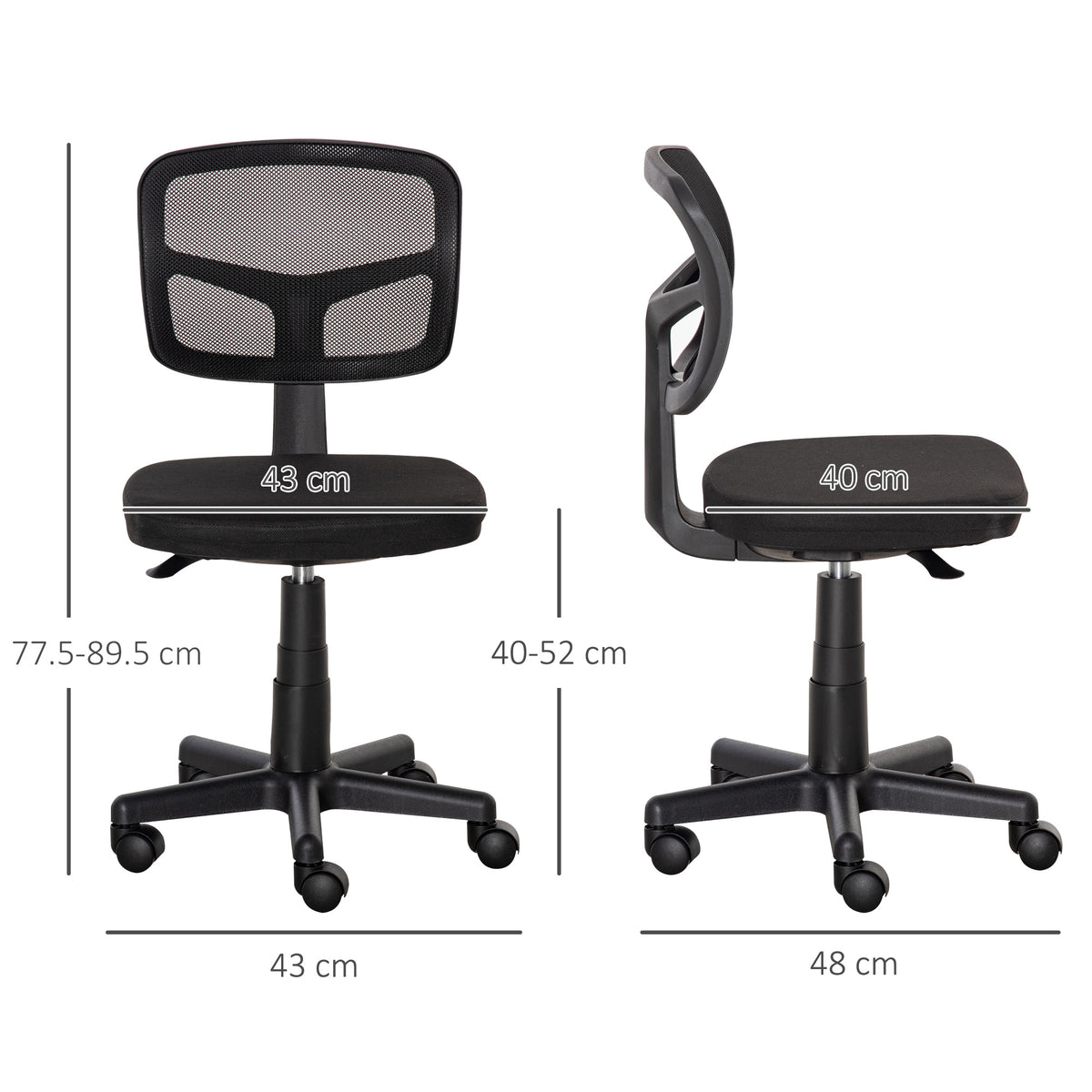 Vinsetto Small Office Chair Without Arms, Ergonomic Swivel Mesh Desk Chair With Curved Back And Wheels, Height Adjustable, For Home Vanity Computer Dressing Table Study Bedroom, Holds Up To 120 Kg