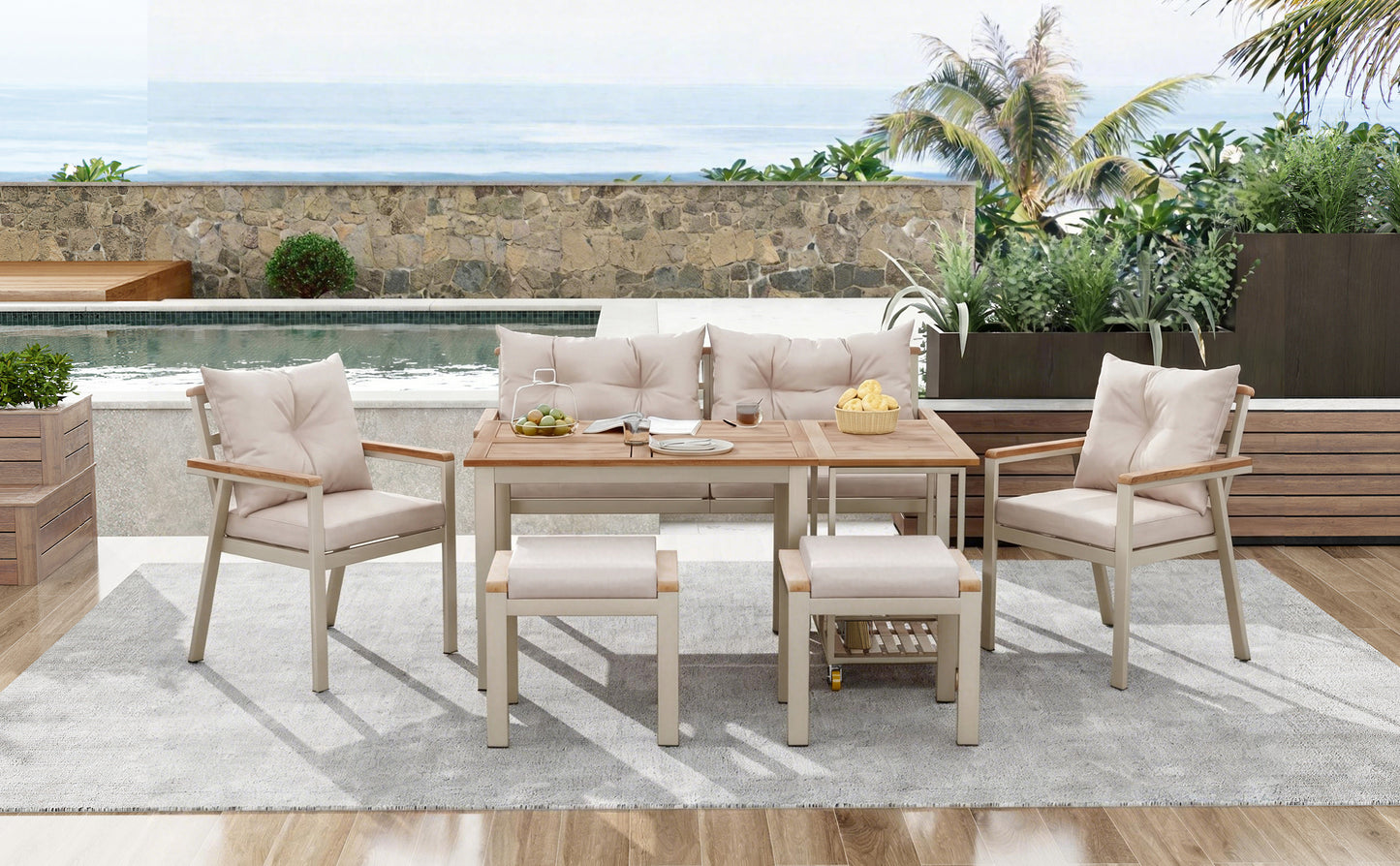 Acacia Wood Dining Table And Chair Set, Outdoor Furniture, 6-7 Seater Garden Dining Table And Chair Set With Armchairs And Removable Dining Trolley, Removable And Washable Fabric Cover