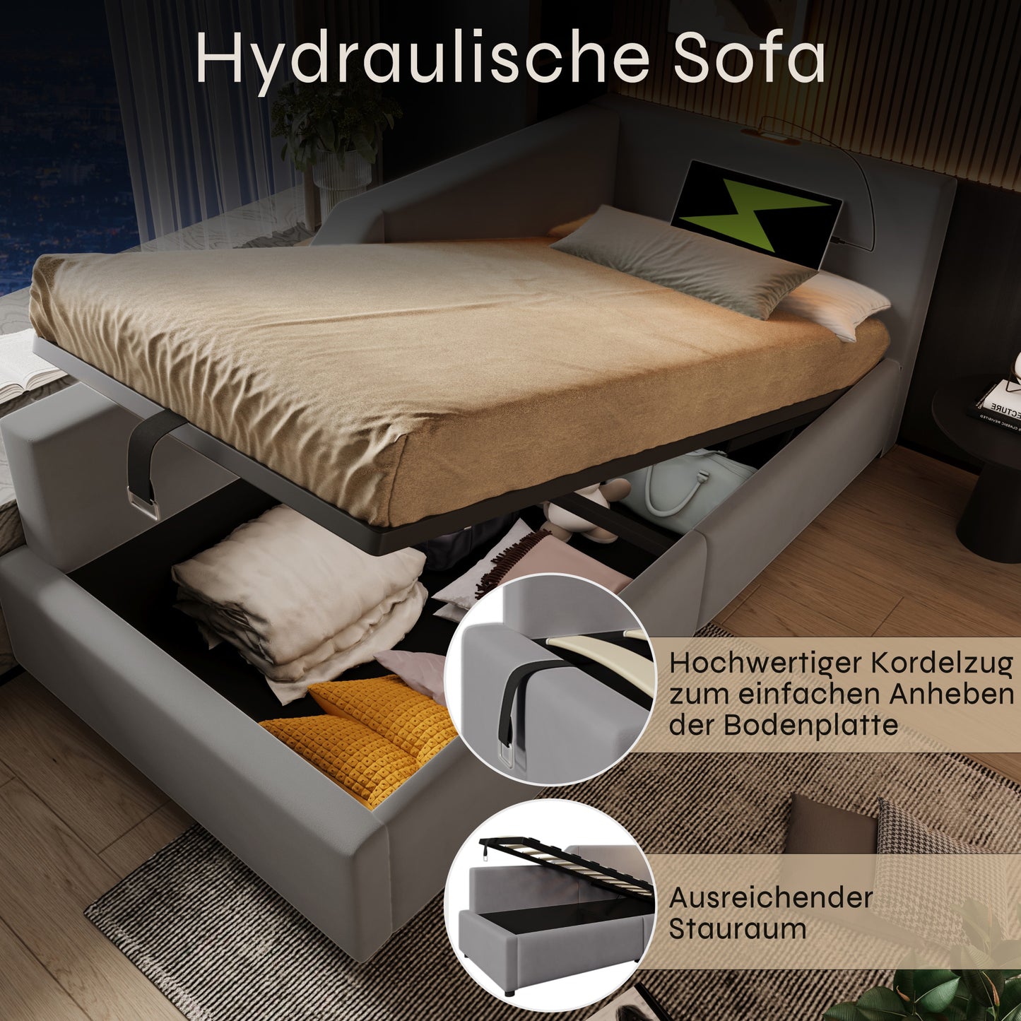 Upholstered Bed Daybed Daybed 90x190cm, Sofa Bed With Hydraulic Storage, Reading Light Function And USB-C Charging Function, Children's Bed Bed Frame With Wooden Slatted Base, Velvet, Grey