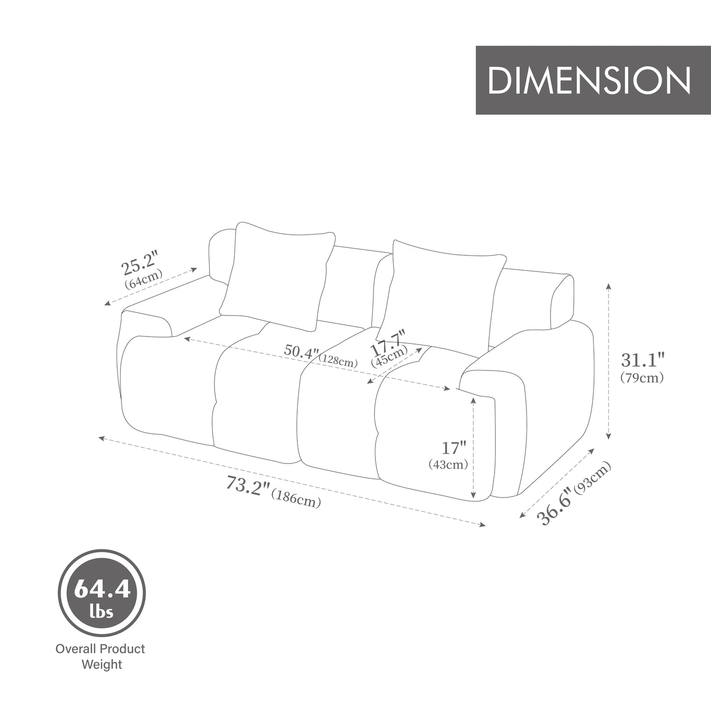 73 Modern Modular Sectional Sofa Loveseat, 2 Seater Tufted Comfy Cloud Tufted Floor Convertible Couch With 2 Pillows, Boneless Conversion Sofa For Living Room,Office, Apartment,Guestroom, Ivory