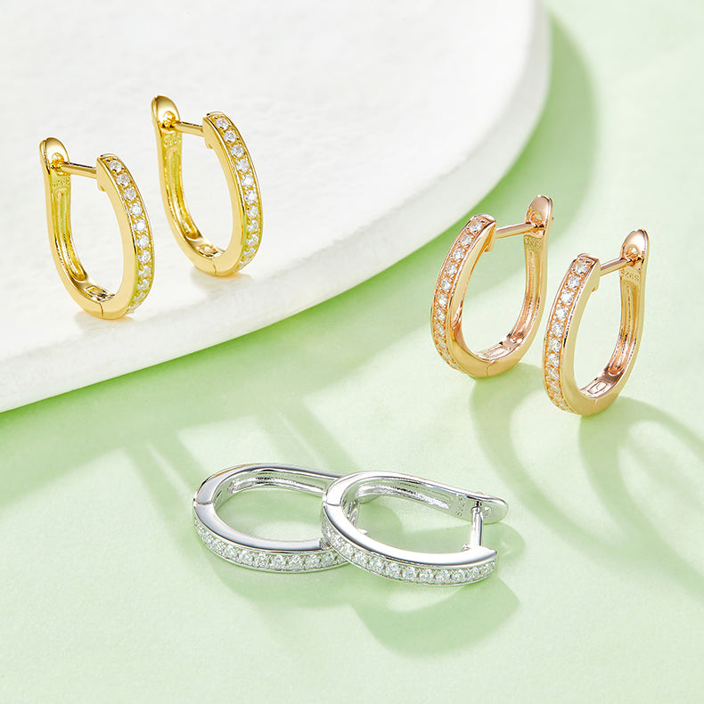 S925 Sterling Silver Pave Moissanite Hoop Earrings Minimalist U Shaped Huggie Hoops With GRA Certificate Platinum Plated Jewelry Gift Box Set For Women