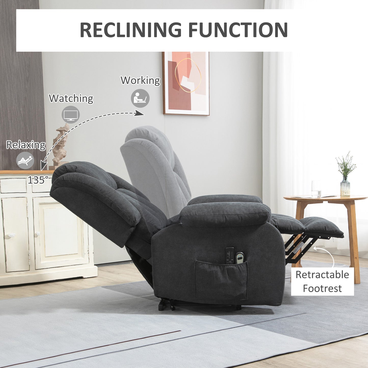 Power Lift Recliner Chair With Massage, Overstuffed Lift Chair For Elderly With Footrest, Remote, Side Pocket, Dark Grey