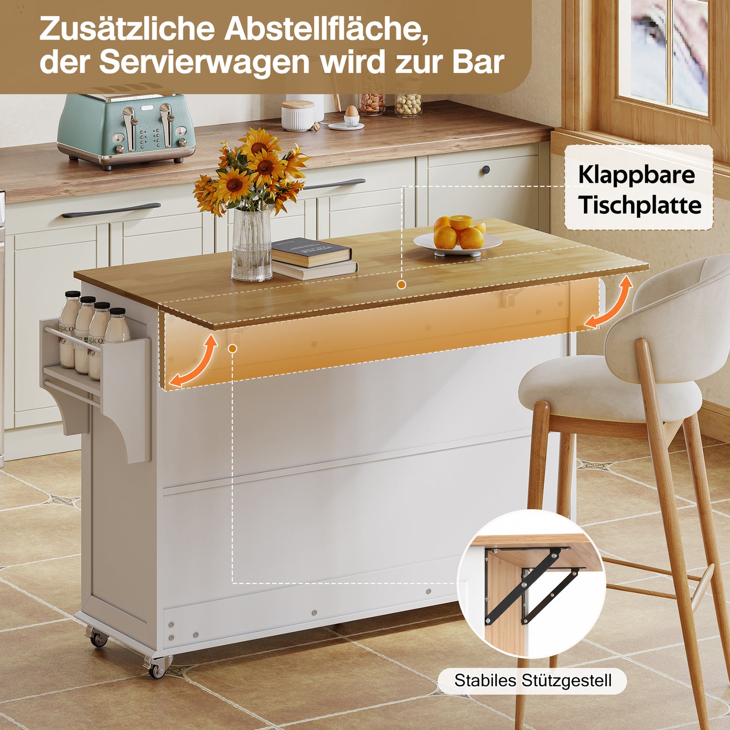 Kitchen Island With Folding Worktop, Equipped With 5 Lockable Castors, 4 Doors, 3 Drawers, Door Shelf, Double-sided Towel Rails, Barn Style Design, White, 140x43 X90.5 Cm.