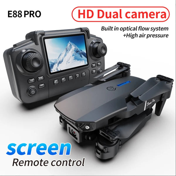 The E88 PRO Drone Is Equipped With A 4.91-inch Screen Controller, An SD Card, 2 Batteries, A Brushless Motor, Optical Flow Positioning, And Active Obstacle Avoidance Function. (Gray - 2 Batteries)