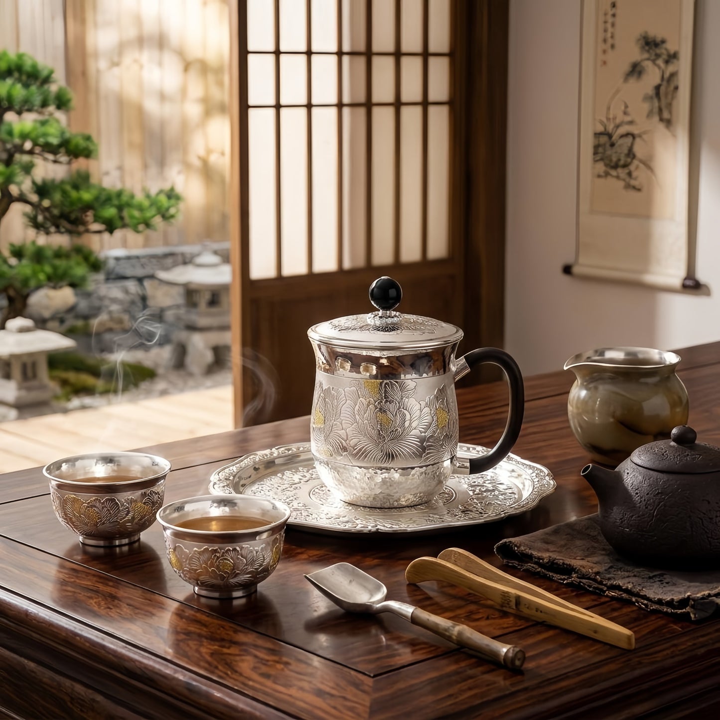 925 Sterling Silver Elegant Handcrafted Silver Tea Cup with Intricate Floral Engravings and Lid - Handicraft