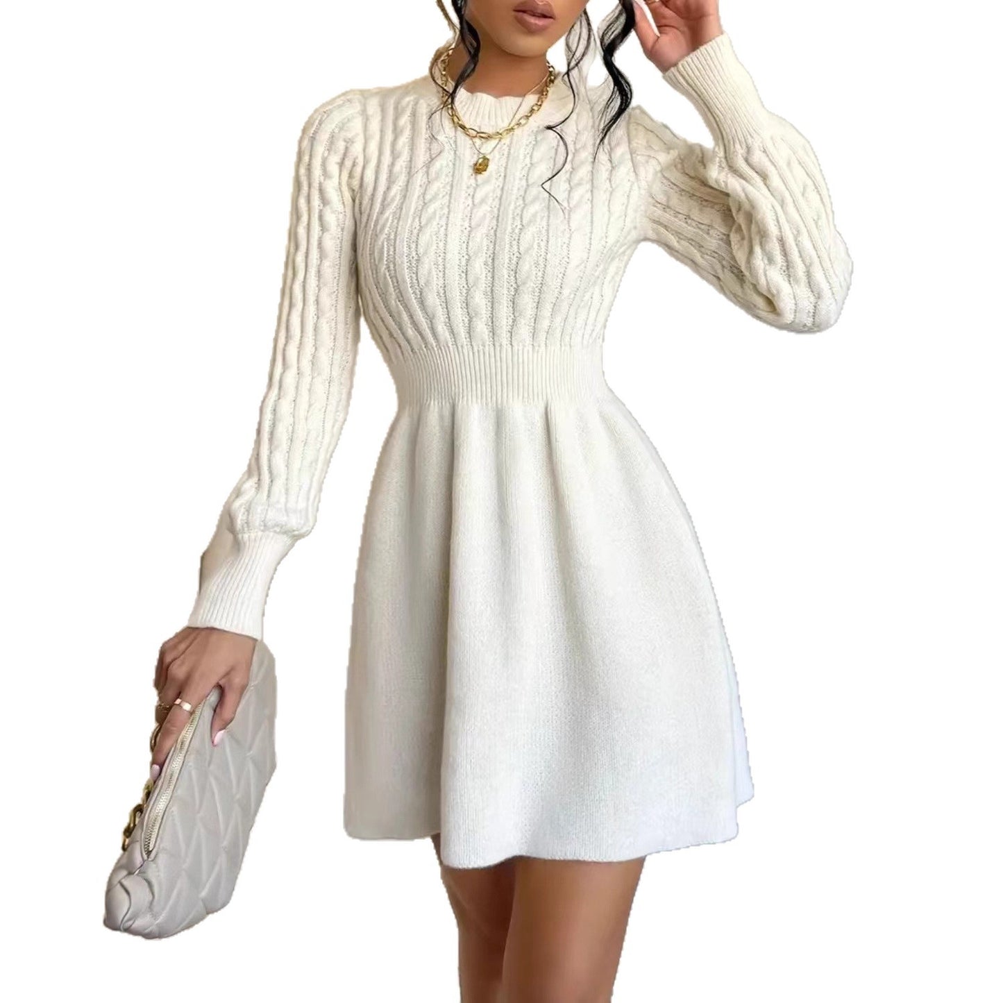 Korean-style Waist-defining New Year's Battle Skirt With A Round Neck And Twisted Knit Base