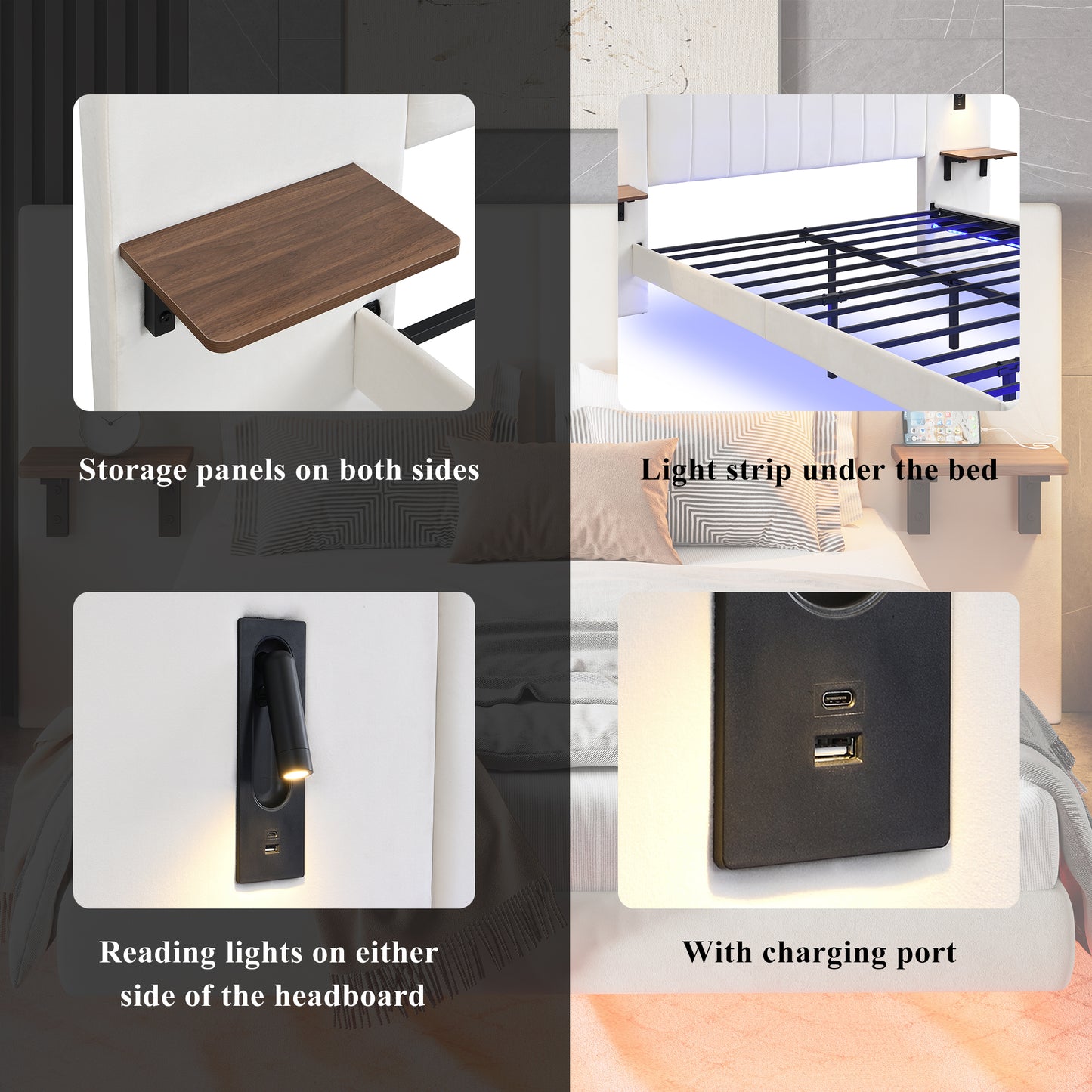 Upholstered Bed, Adults Teenagers King Bed 150x200cm, 2 Bedside Lamps, Headboard Storage Function, With Charging Socket, With Light Strip Under The Bed,Soft Headboard, Velvet-Iron, White