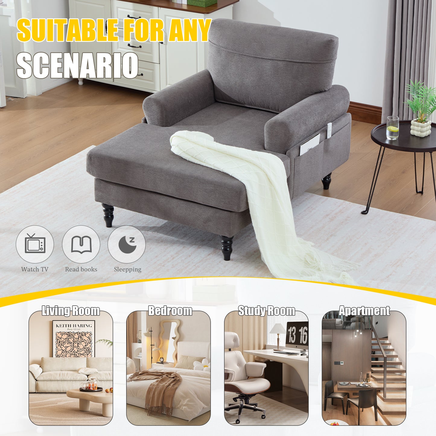 Modern Minimalist Chenille Fabric Chaise Lounge Recliner Single Sofa Living Room Bedroom Rest Chair Wooden Sofa Legs With Comfortable Backrest And Armrests Side Pockets For Storage Suitable For Office