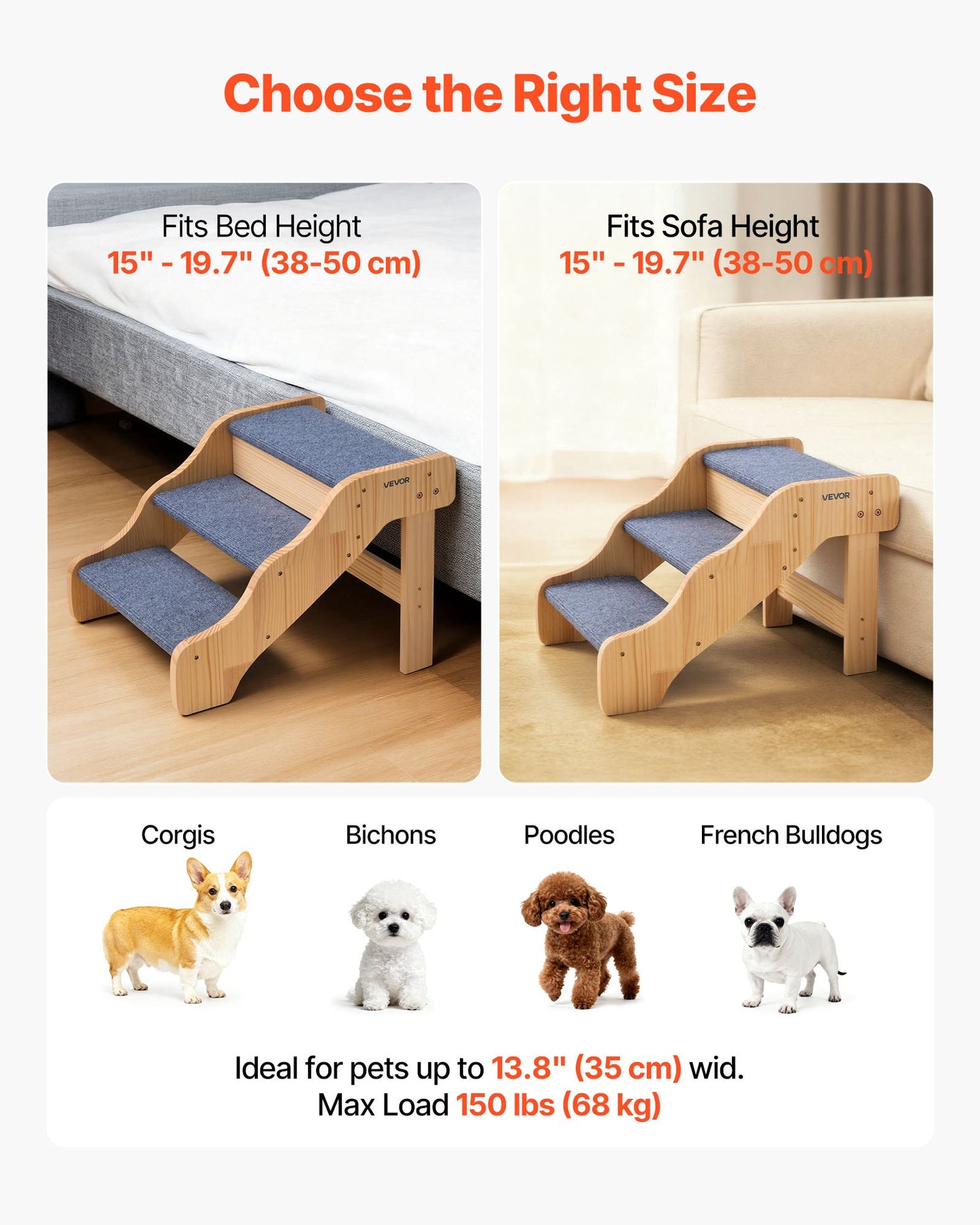 Wood Pet Stairs, 3-Step Dog Stairs For High Beds, Sofa & Cars, 150lbs Load Capacity, Non-Slip Surface, Stable Cat & Dog Step Ladder For Small Medium Large Older Pet Puppy Essentials