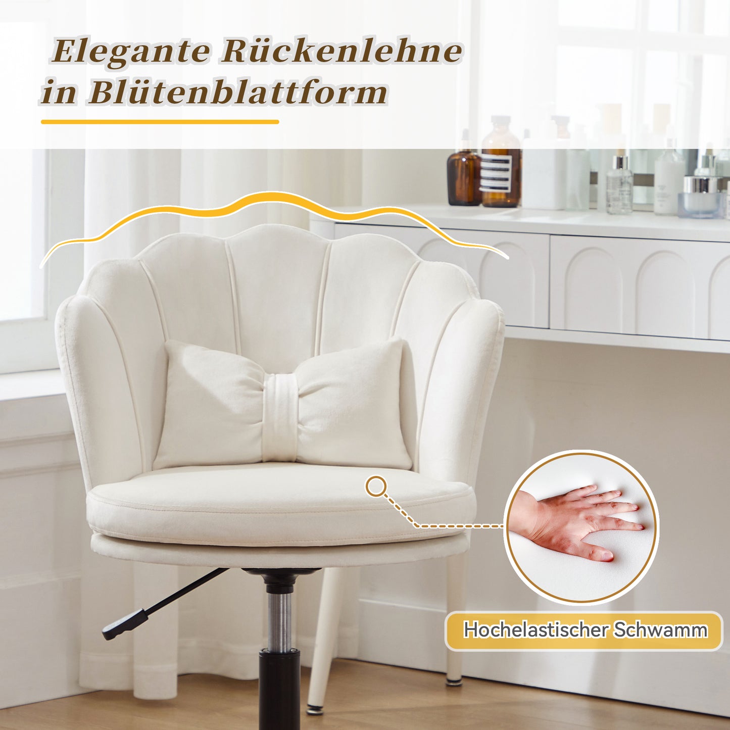 Modern Design Dressing Chair, Office Chair, Petal-shaped Backrest, Butterfly-shaped Lumbar Cushion, Height Adjustable, Soft Seat Cushion.Suitable For Living Room, Bedroom, Office, Etc.