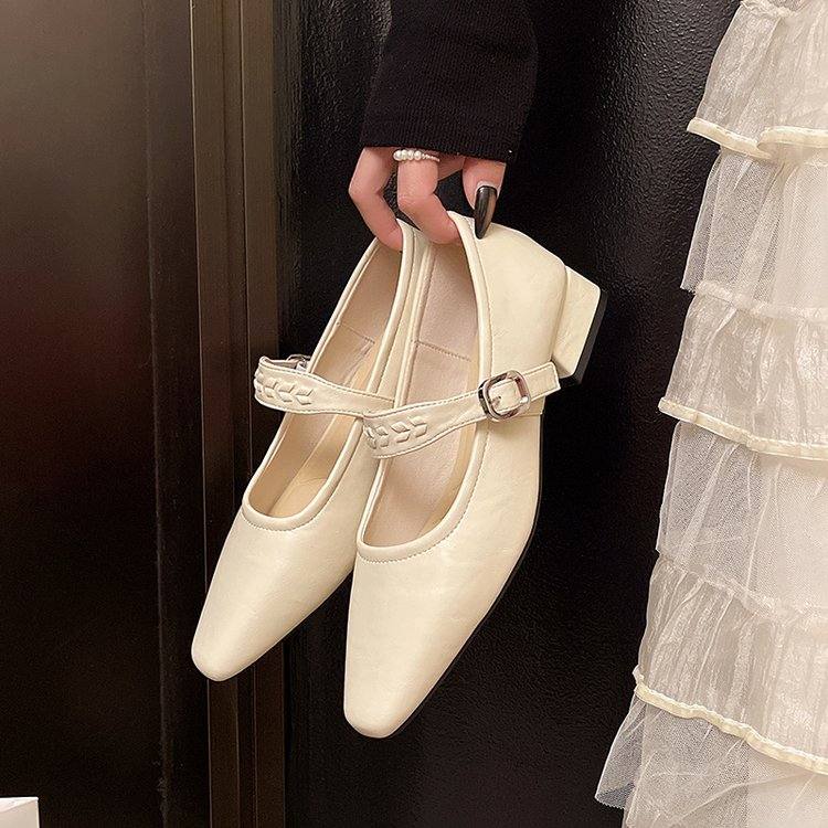 Women Square Toe Block Heel Shallow Mouth Mary Janes, New Premium Elegant Beige Leather Shoes