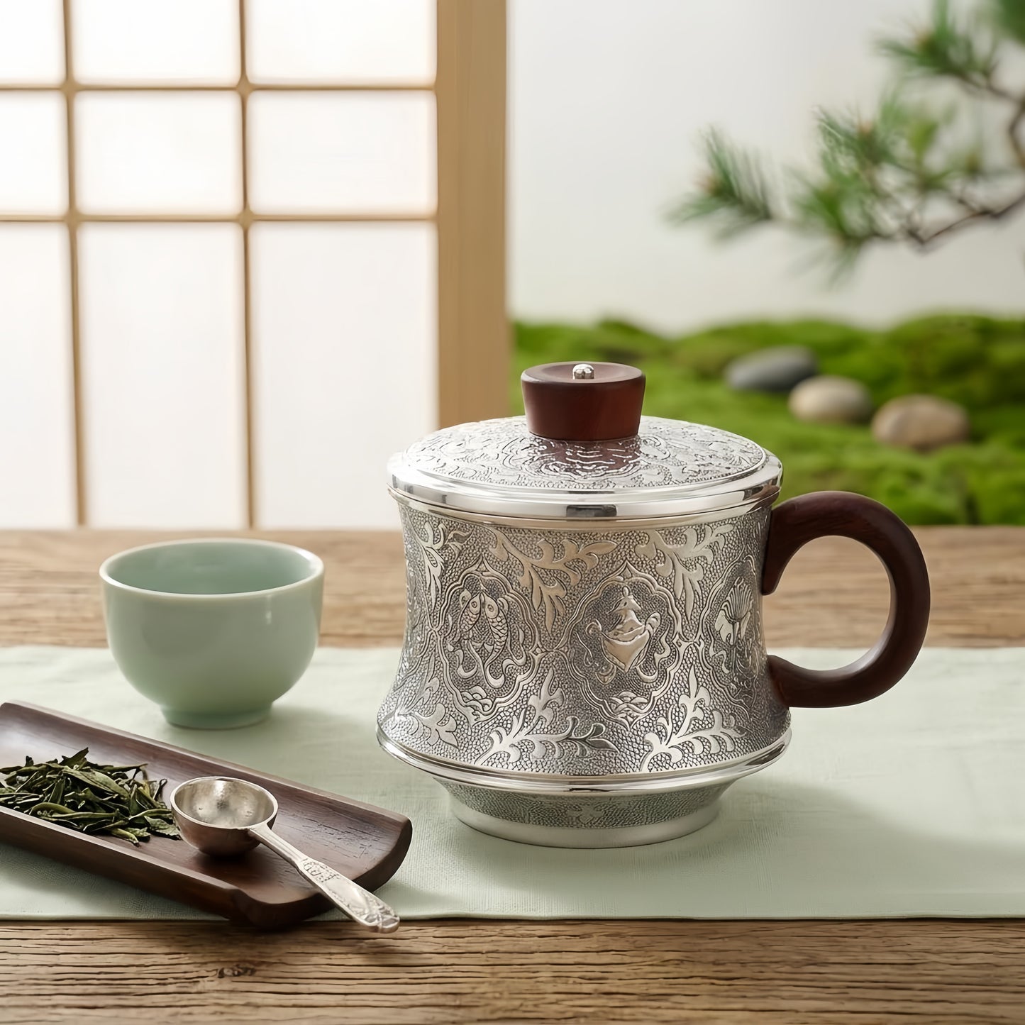 925 Sterling Silver Elegant Teapot with Intricate Floral Engraving and Wooden Accents-Premium Tea Mug - Handicraft