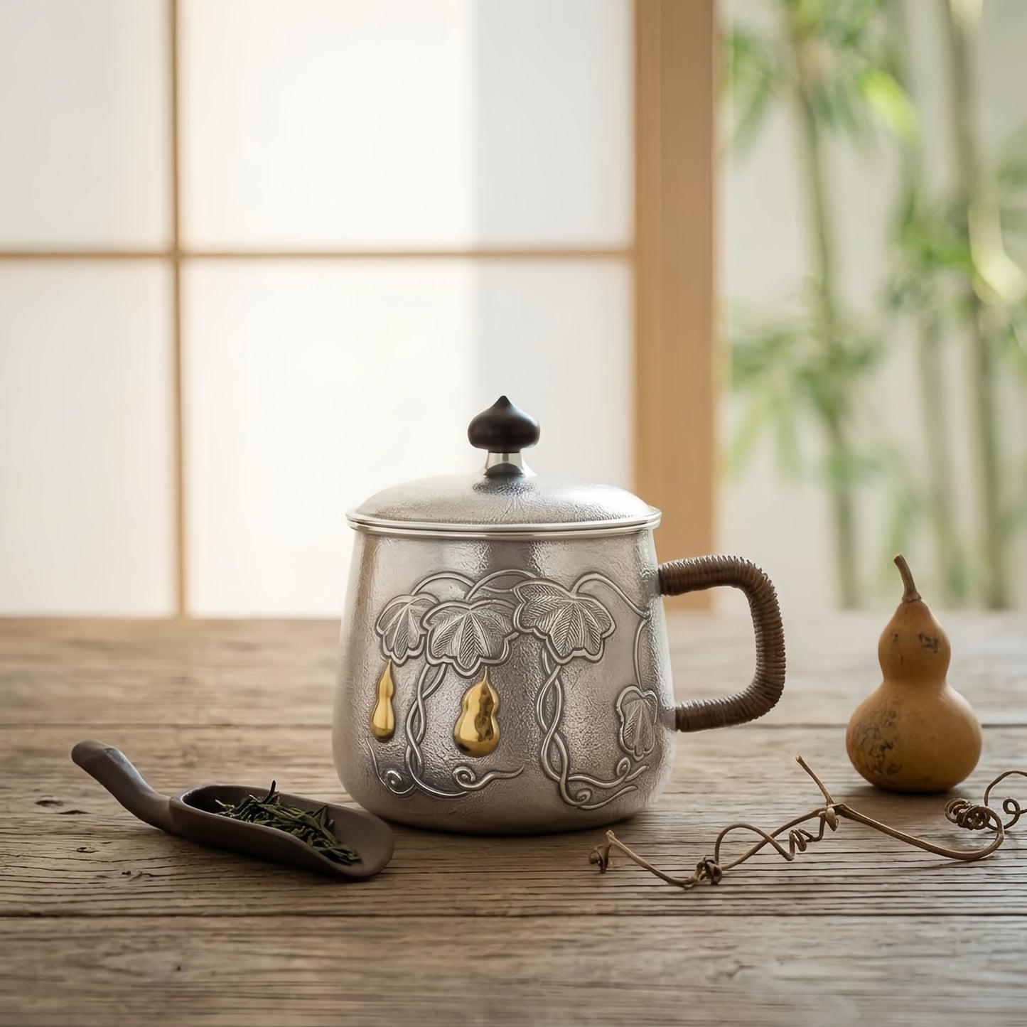 Pure 999 Fine Silver Elegant Gourd Mug with Gold Accents and Woven Handle-Premium Tea Mug - Handicraft