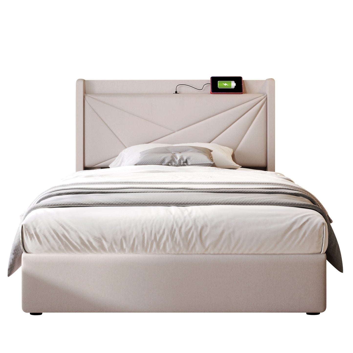 Upholstered Bed Single Bed Storage Bed Box With USB Type C Charging Function Headboard,Storage Beds Bed Frame Made Of Linen Material Youth Bed 90x200 With Slatted Base Without Mattress