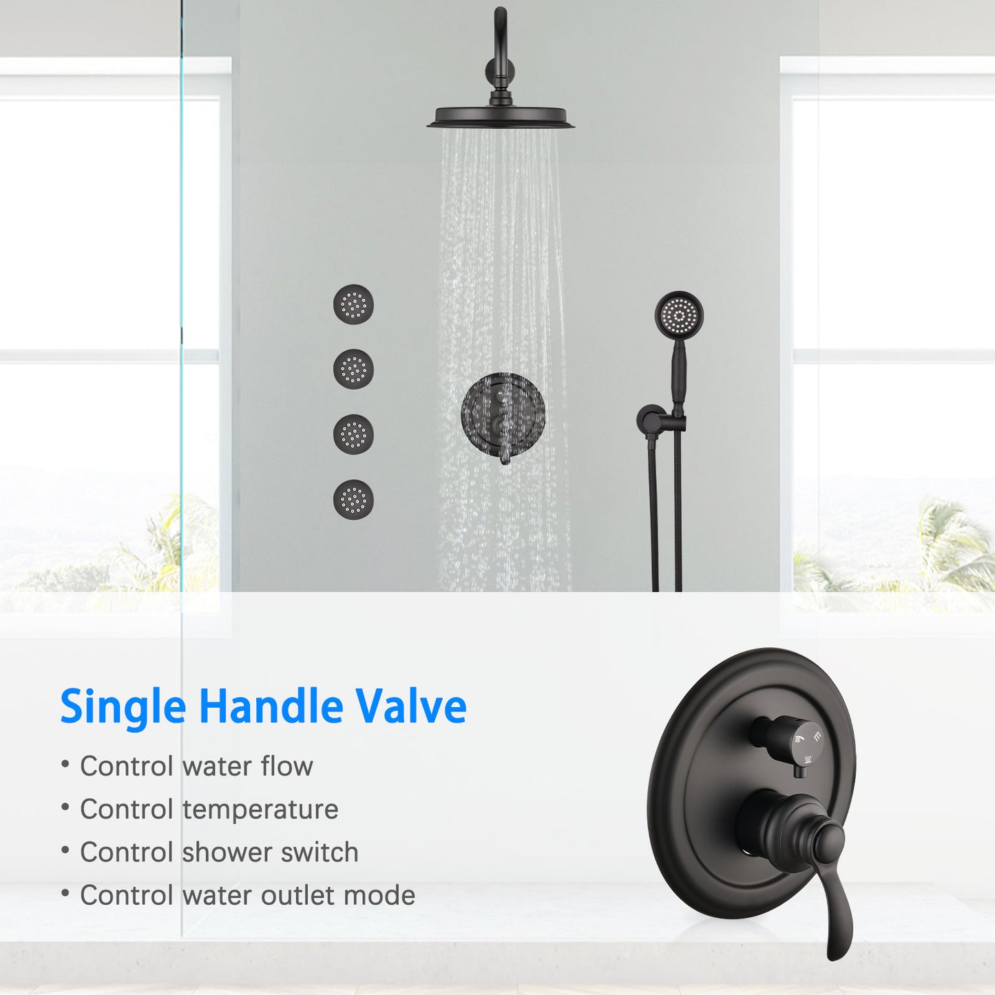 Single-Handle 4-Spray Patterns Bathroom Rain Shower Faucet With Body Jet Handshower In Matte Black Valve Included