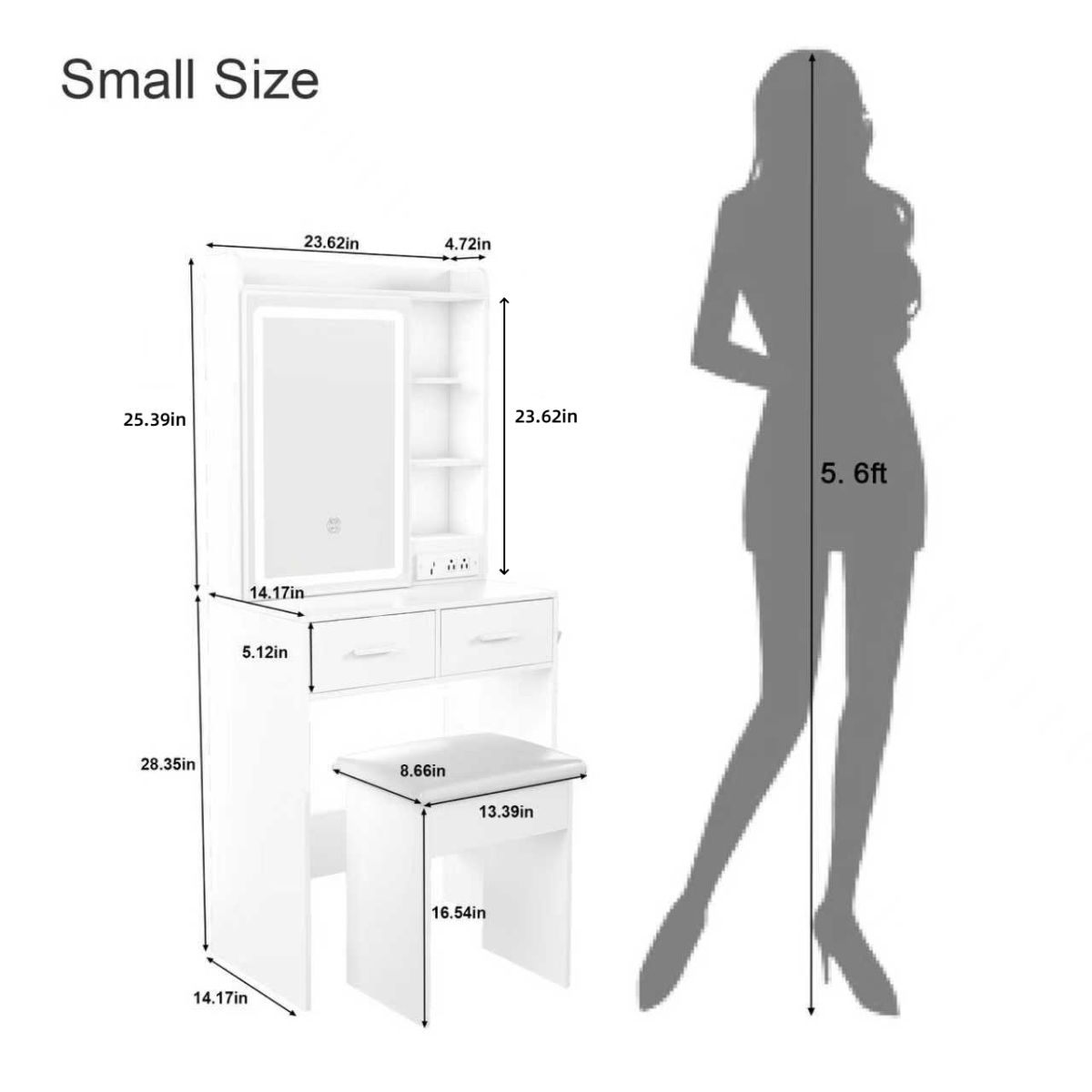 Small Makeup Vanity Desk With Mirror & Adjustable LED Lights,Built-in Power Outlet & Hidden Storage, Includes Padded Stool & Shelf,Space-Saving Dressing Table For Small Bedrooms,White