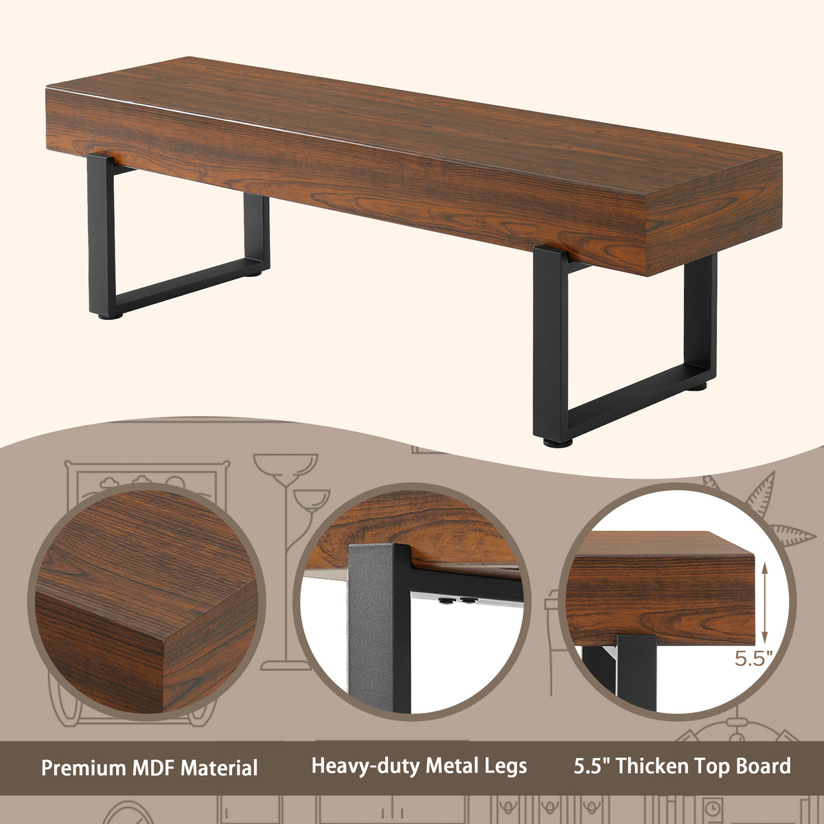 59 Wood Bench For Bedroom End Of Bed, Farmhouse Indoor Kitchen Table Benches,Versatile Modern Shoe Bench For Entryway, Espresso