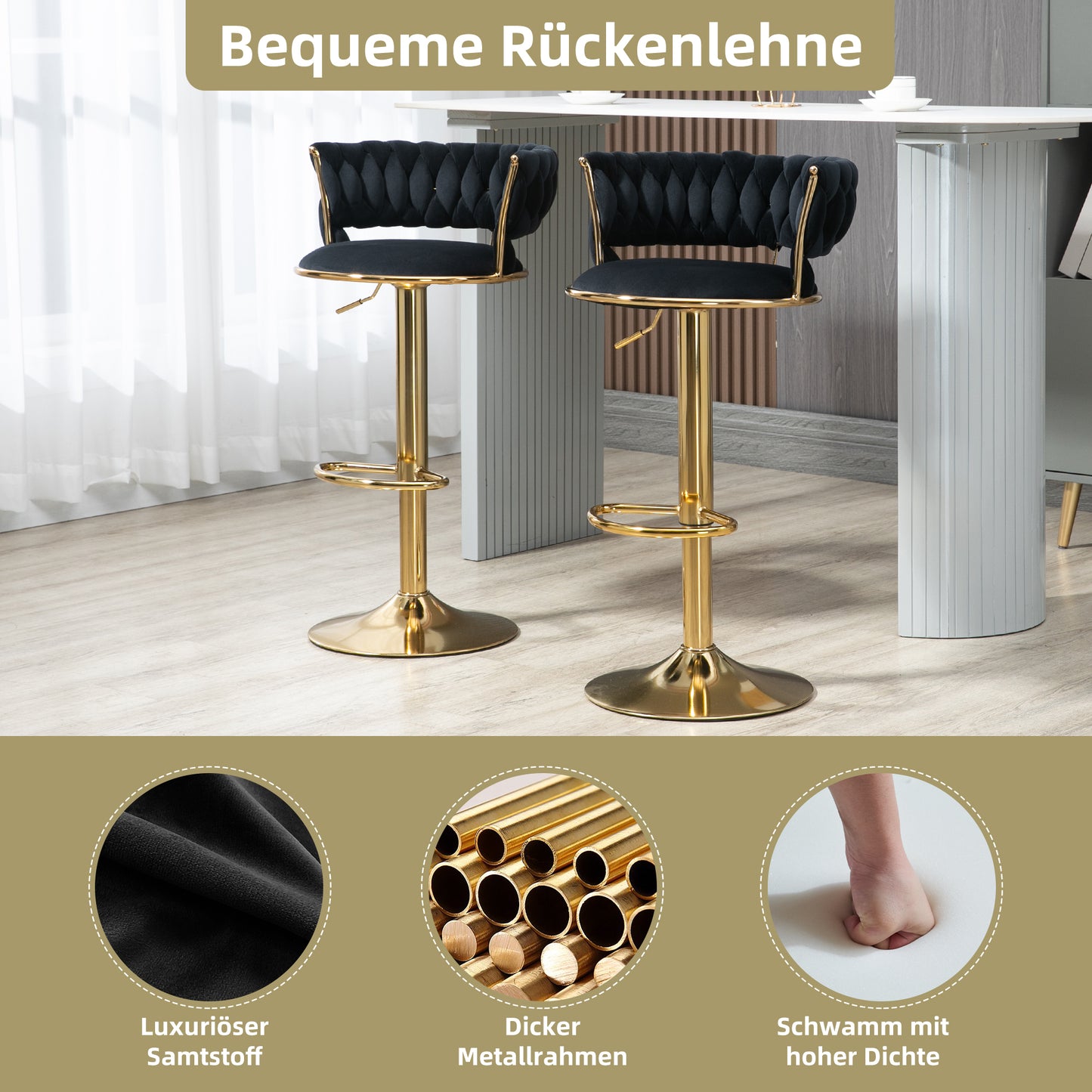 Old Sku W1880109443,Velvet 360 Swivel Bar Stool 2 Piece Set, Handmade Backrest One-button Adjustable Height Bar Stool, Very Soft Upholstered Kitchen Dining Chair, Kitchen Island