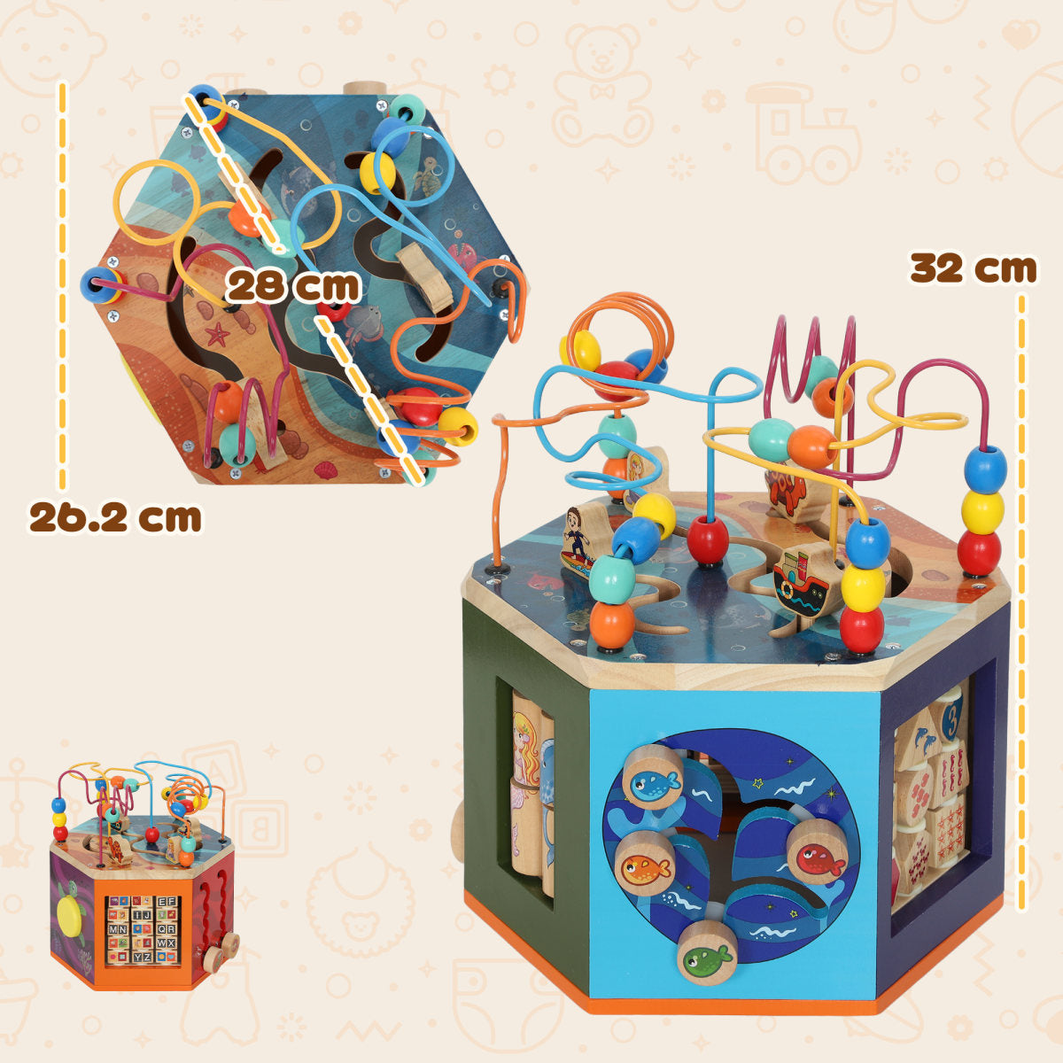 Wooden Activity Cube, Baby Toys With Bead Maze, Pattern Sorter For Toddlers Boys And Girls 18+ Months