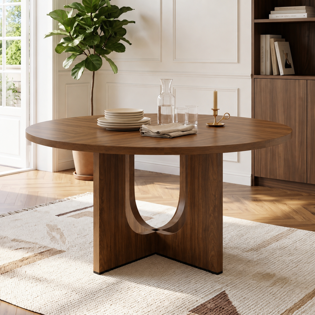 47 Round Dining Table For 4-6, 120 X 120 Cm Farmhouse Wood Kitchen Table, Round Table For Home Dining Room Living Room, Walnut Color Only Table