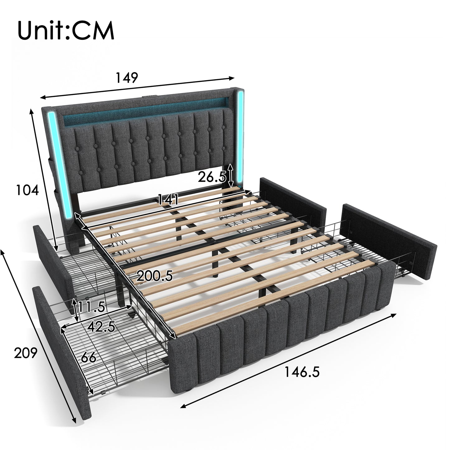 Upholstered Bed USB Type C Charging Function LED Lighting And 4 Drawers, Youth Beds 140x200cm Double Bed Storage Beds Bed Frame, Wooden Slatted Base, Grey Without Mattress