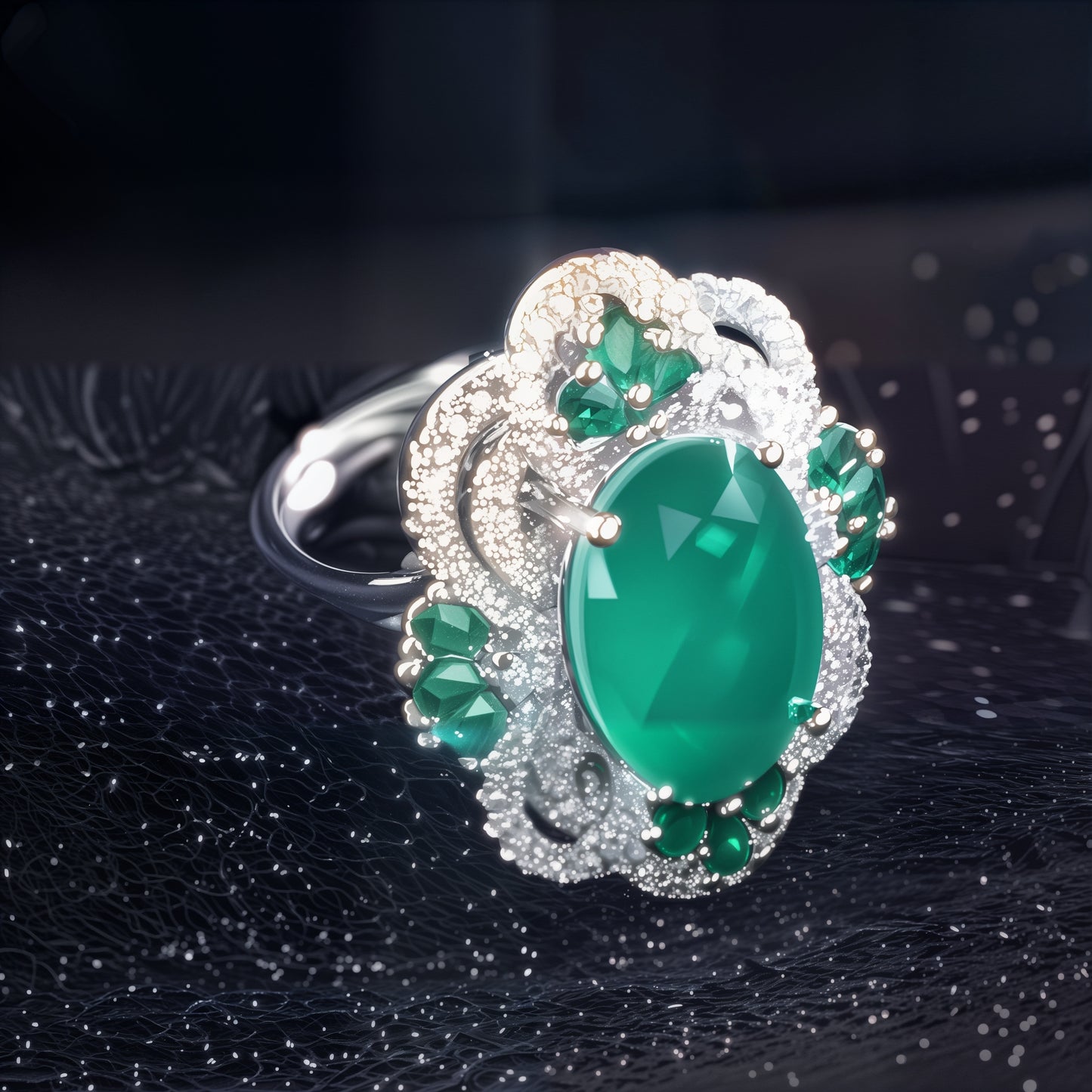 Oval Cabochon Green Gem Mixed Emerald & White Crystal Filigree Open Adjustable Cocktail Ring For Women, Copper Silver Plated Antique Hollow Floral Wedding Banquet Statement Jewelry Gift