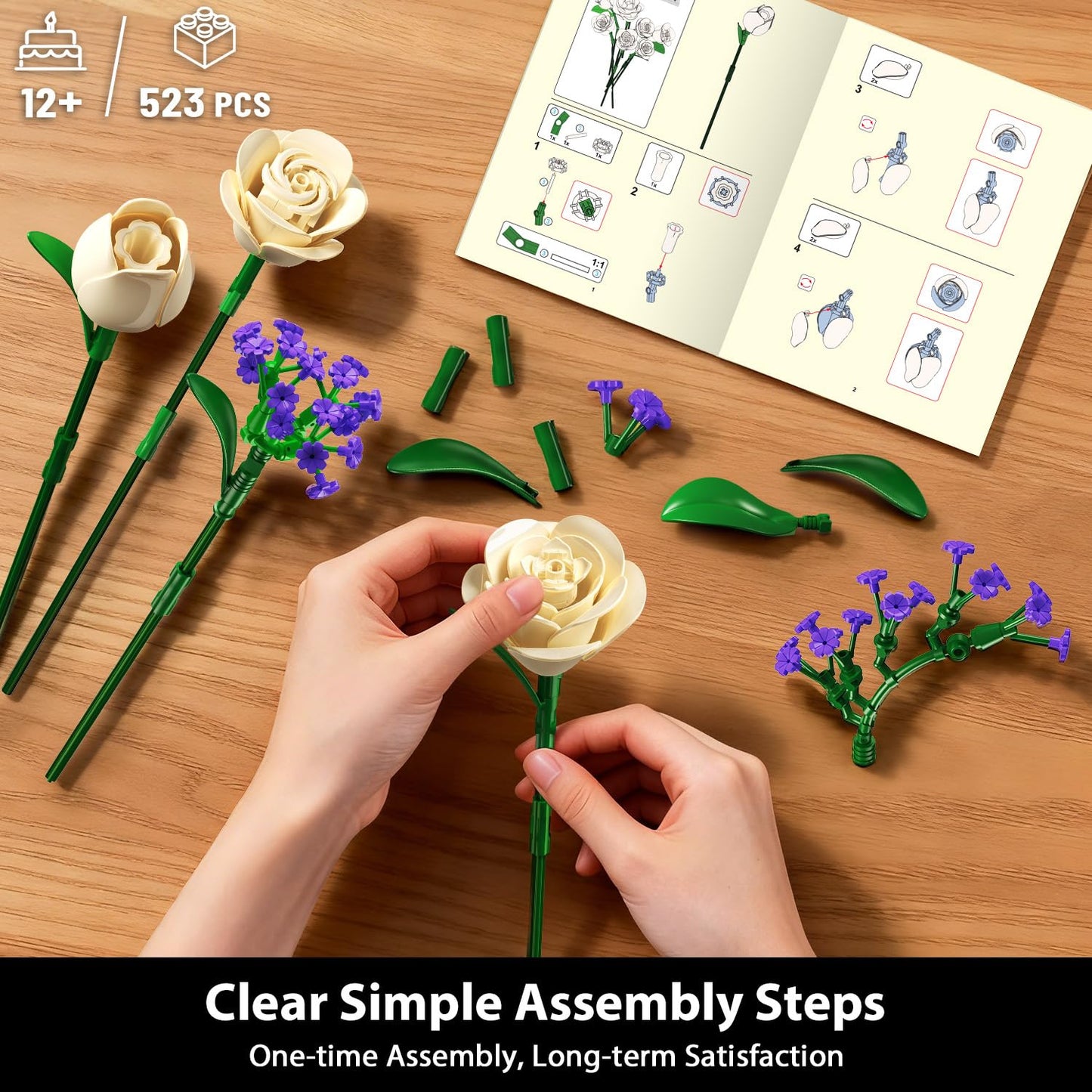 Flowers Bouquet Building Set With Lights,16 Champagne White Roses Botanical Building Blocks For Adults Girl,523PCS Artificial Flower Valentines Day Birthday Gift For Her Home Decor