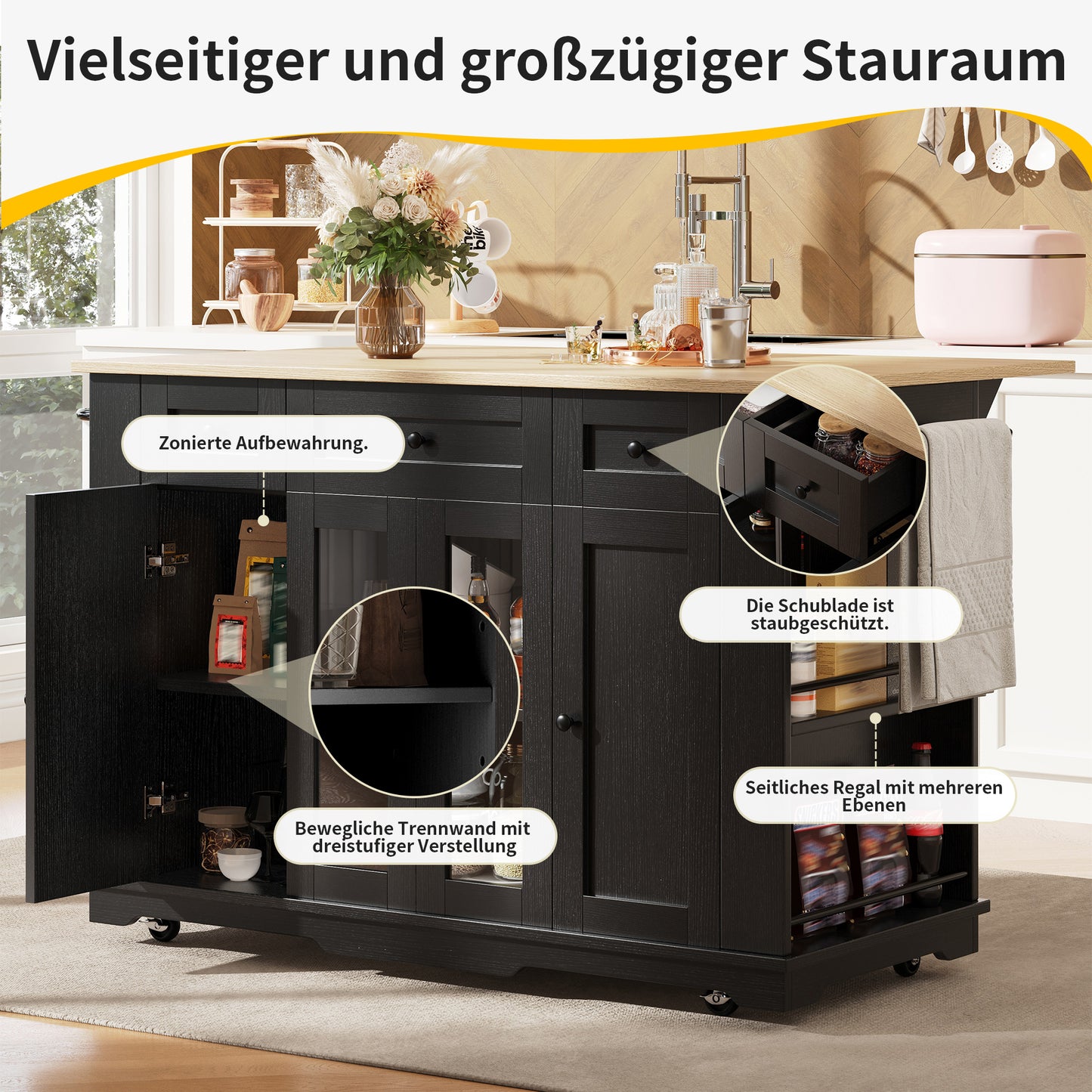 Kitchen Island, Removable Dividers, Kitchen Cabinet, Dining Cart With Countertop, Buffet Cabinet, Wood-Grain Dining Cart, Buffet Cabinet, Tempered Glass Cabinet, Black