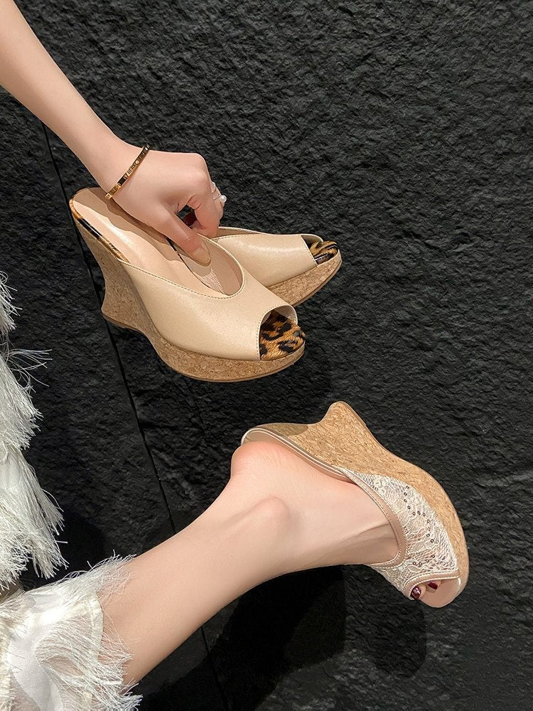 High Heels, Thick Soled Sandals, Women's Summer New Fashion, Lace Mesh, Hollowed Out, One-piece Slippers For External Wear