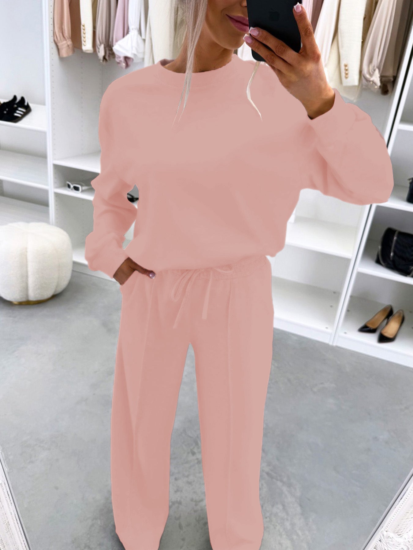 Home-style Drop-shoulder Long-sleeve Top And Casual Pleated Trousers Two-piece Set