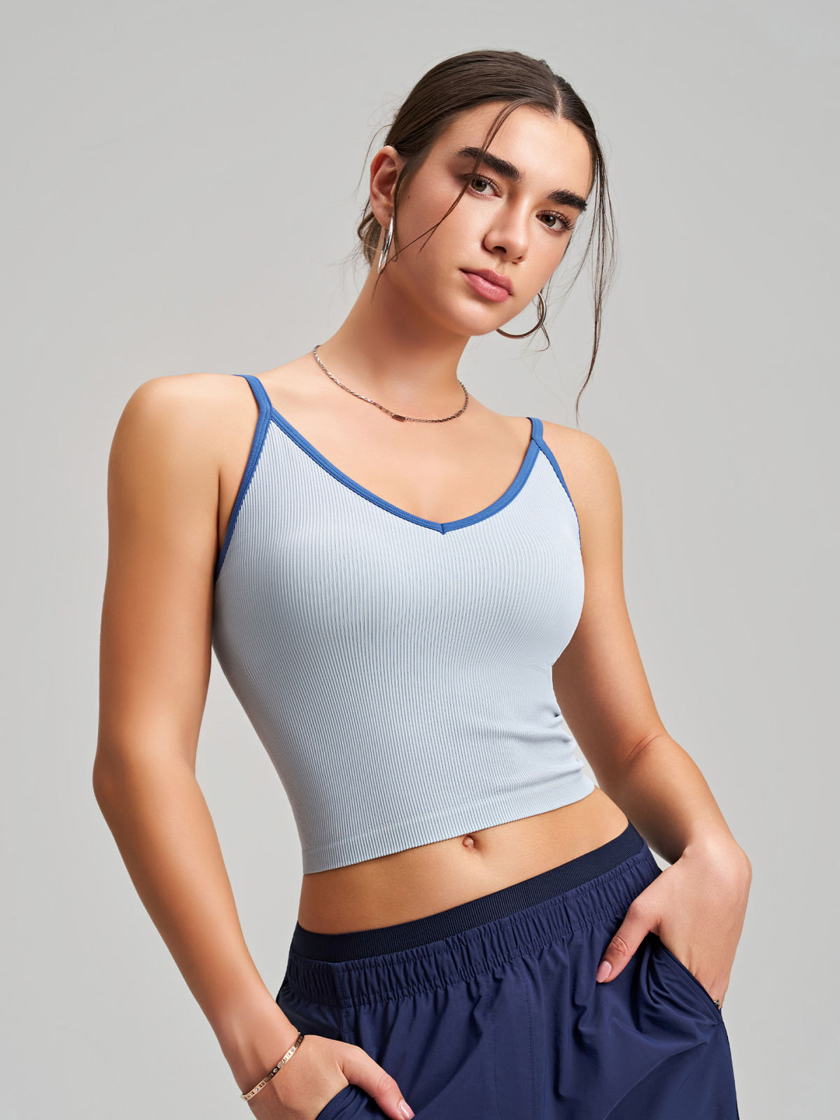 Color-block V-neck Camisole With Built-in Padded Cups, Color-block Straps, Wearable As Outerwear, Sports Tank Top For Pilates And Yoga With Back-flattering Design