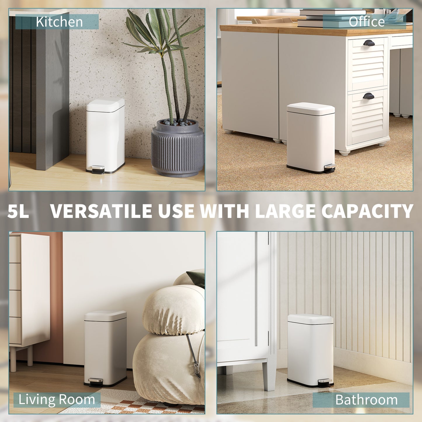 5L Rectangular Compact Bin Steel Body Removable Bucket Quiet-Close Lid W/ Pedal Lid Rubbish Trash Can Home Office Bedroom Bathroom Living Room Garbage Tidy Clean White