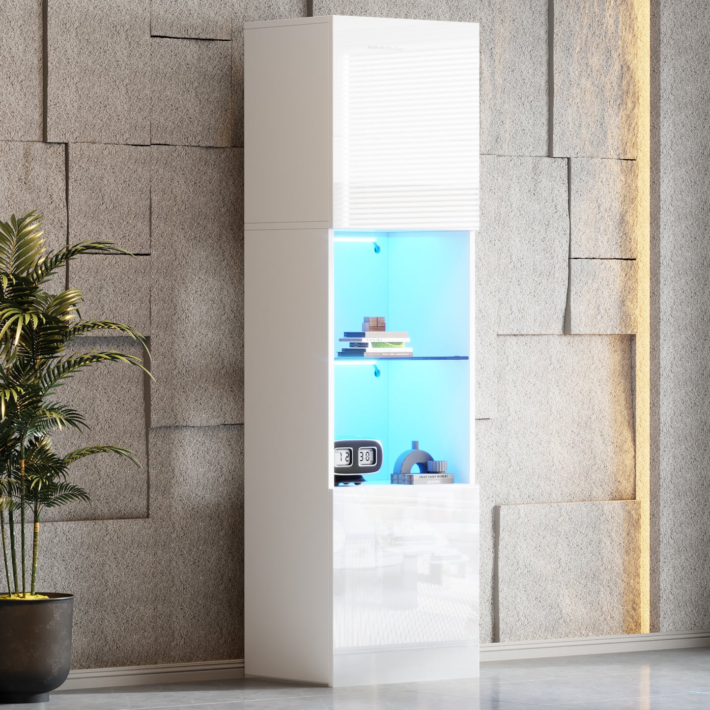 White High Gloss Display Case With LED Lighting, 1 Glass Shelves, 45x35x160 Cm, Display Cabinets, Freestanding Display Cabinets, Tall Cabinets, Storage Cabinets