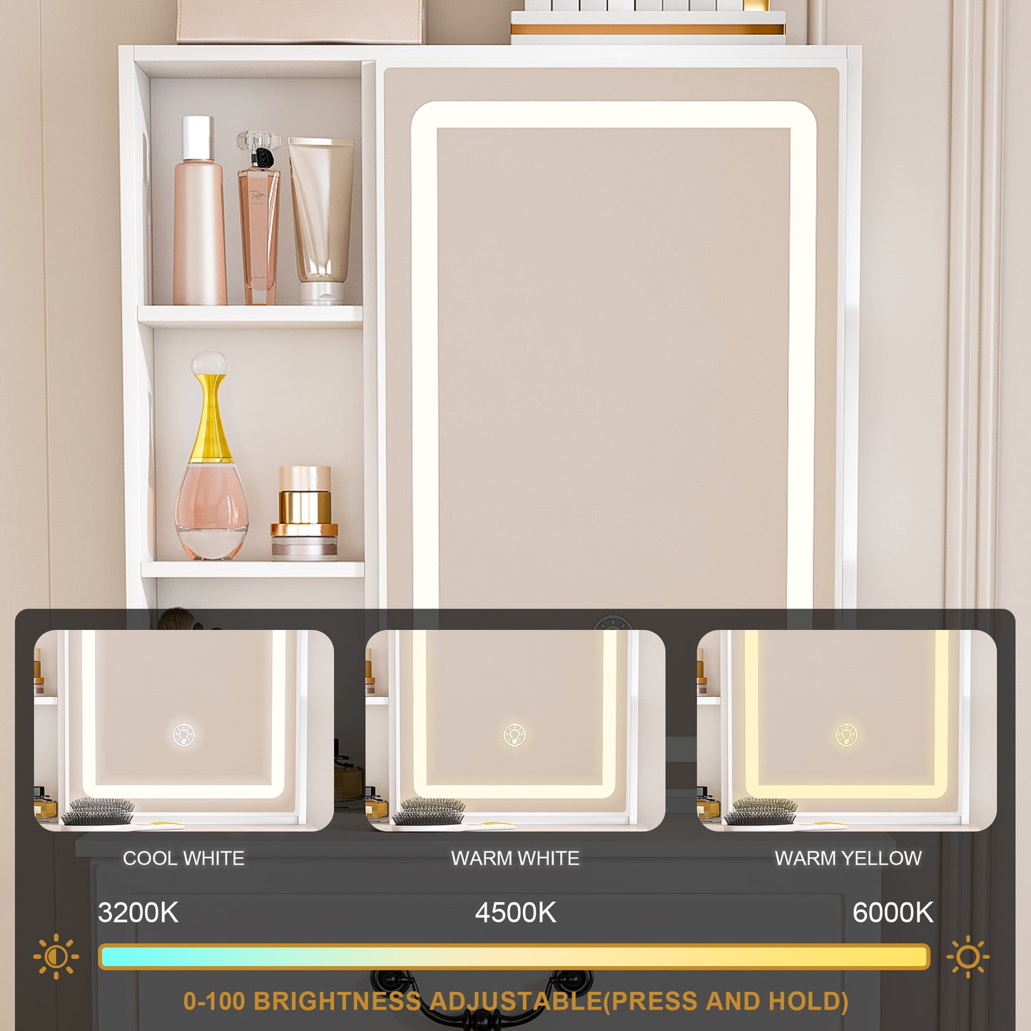 Modern Mini Dressing Table With LED-lit Mirror & Hidden Storage,Includes Padded Stool,Adjustable Brightness Vanity Desk,Multi-tier Dust-proof Shelves,White