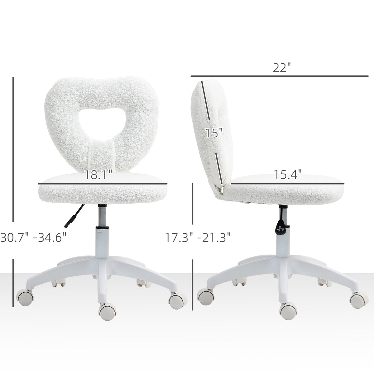Armless Computer Desk Chair, Office Task Chair, Teddy Fleece Heart Makeup Vanity Chair with Swivel Wheels, White