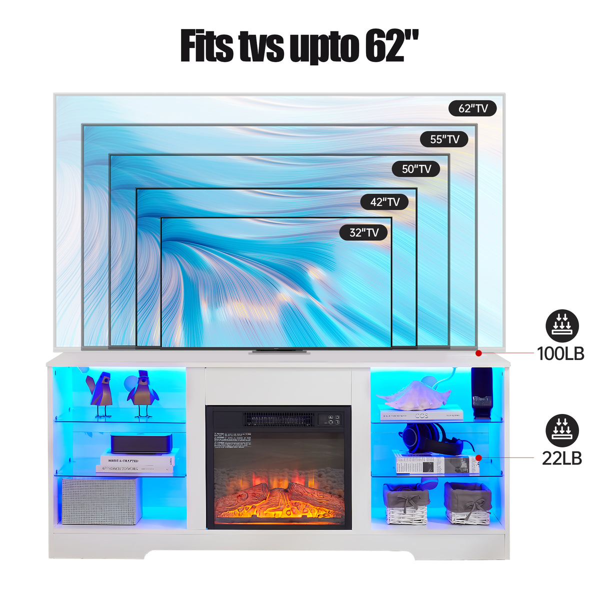 TV Stand Electric Fireplace TV Stand With Glass Shelves, 3D Fireplace TV Stand With LED Lights Wood With USB Charging Outlet Modern Television Table Center For TV Up To 32-62 White 58 W 15.4Dx24.4